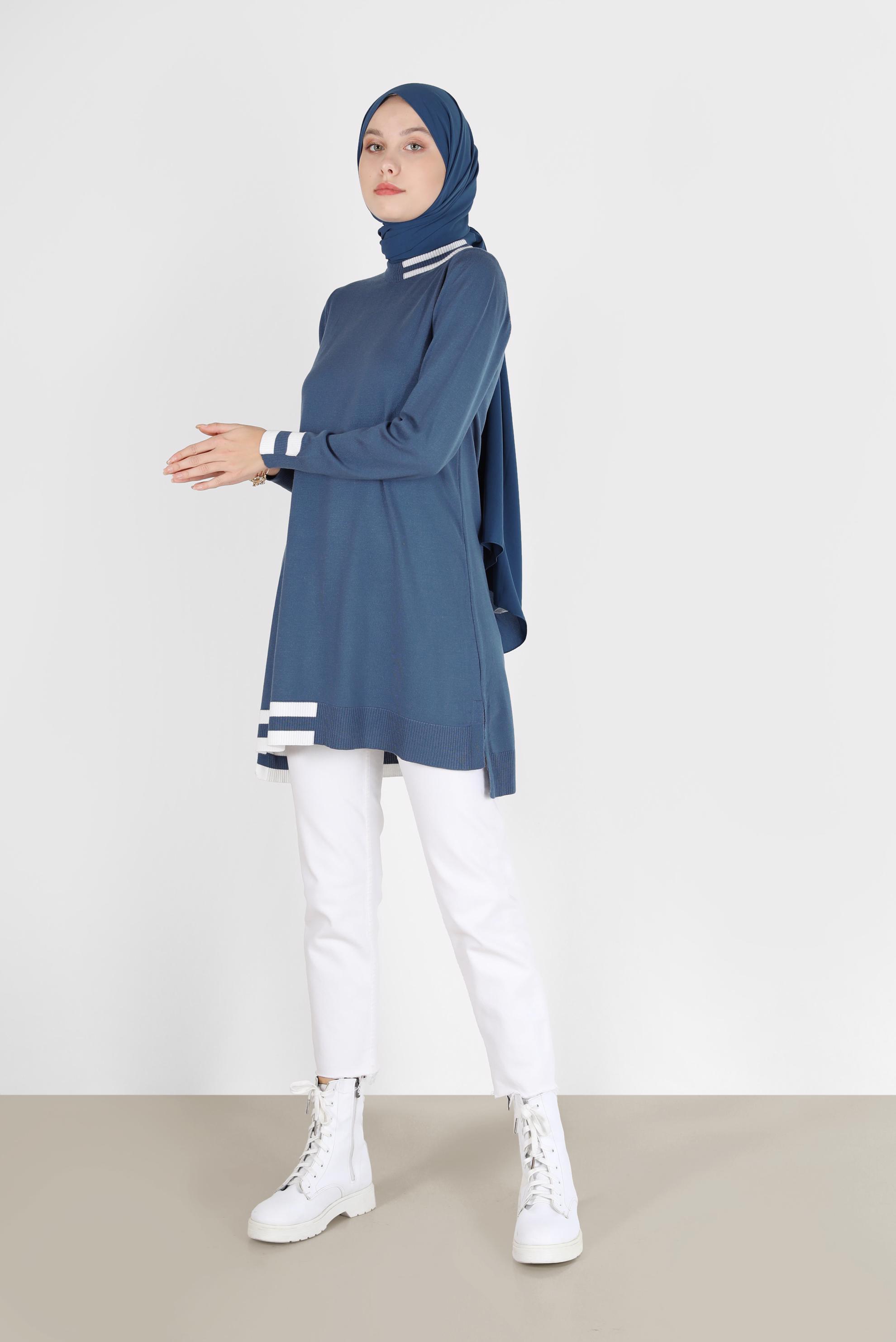 Tesettür giyim LACİVERT RENK BLOKLU TRİKO TUNİK 42039 