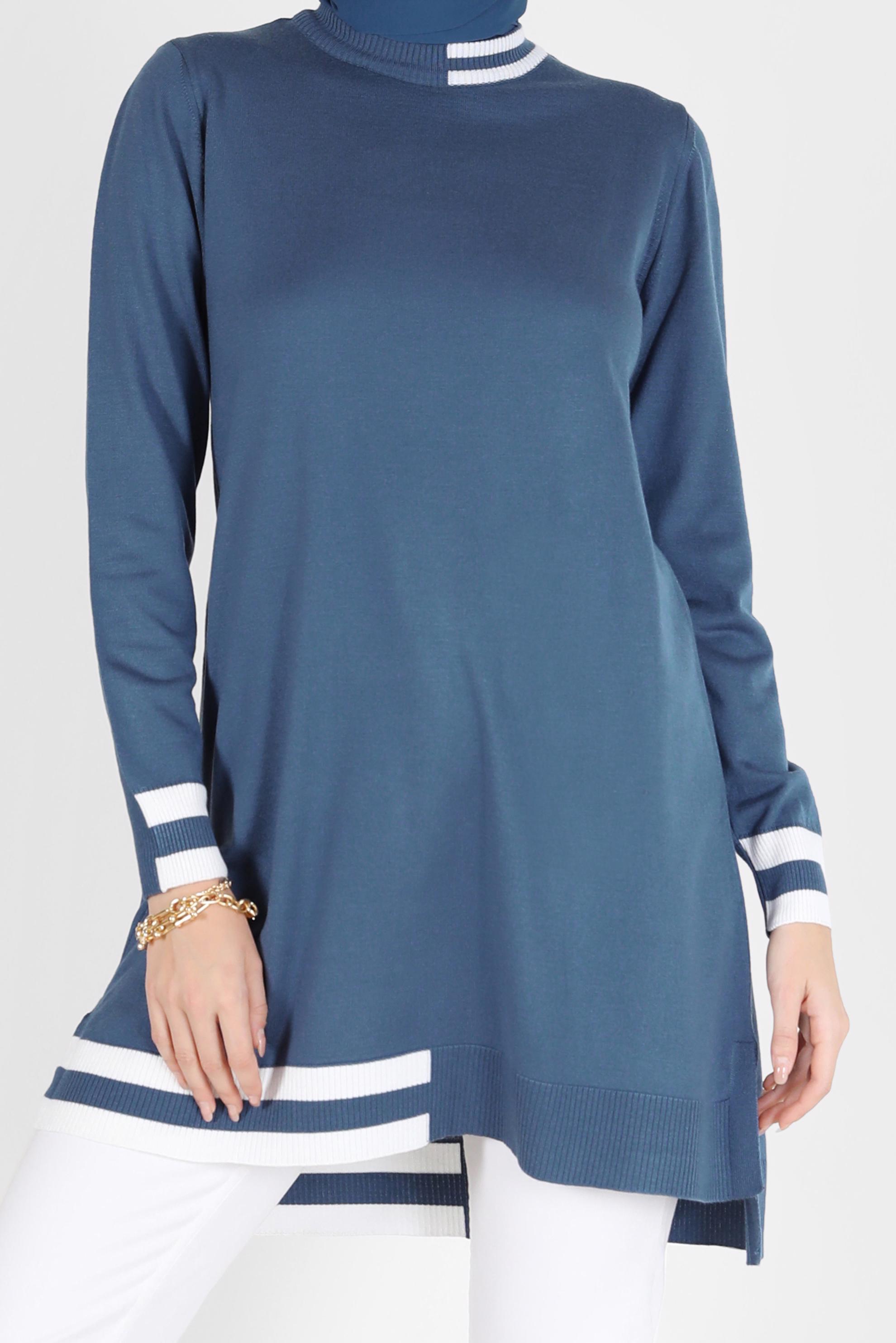 Tesettür giyim LACİVERT RENK BLOKLU TRİKO TUNİK 42039 