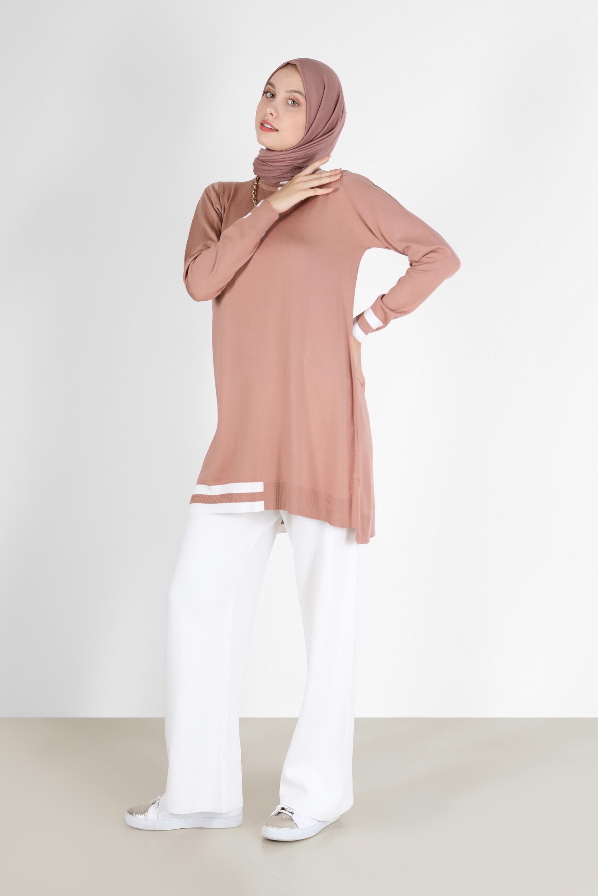 Tesettür giyim PUDRA RENK BLOKLU TRİKO TUNİK 42039 