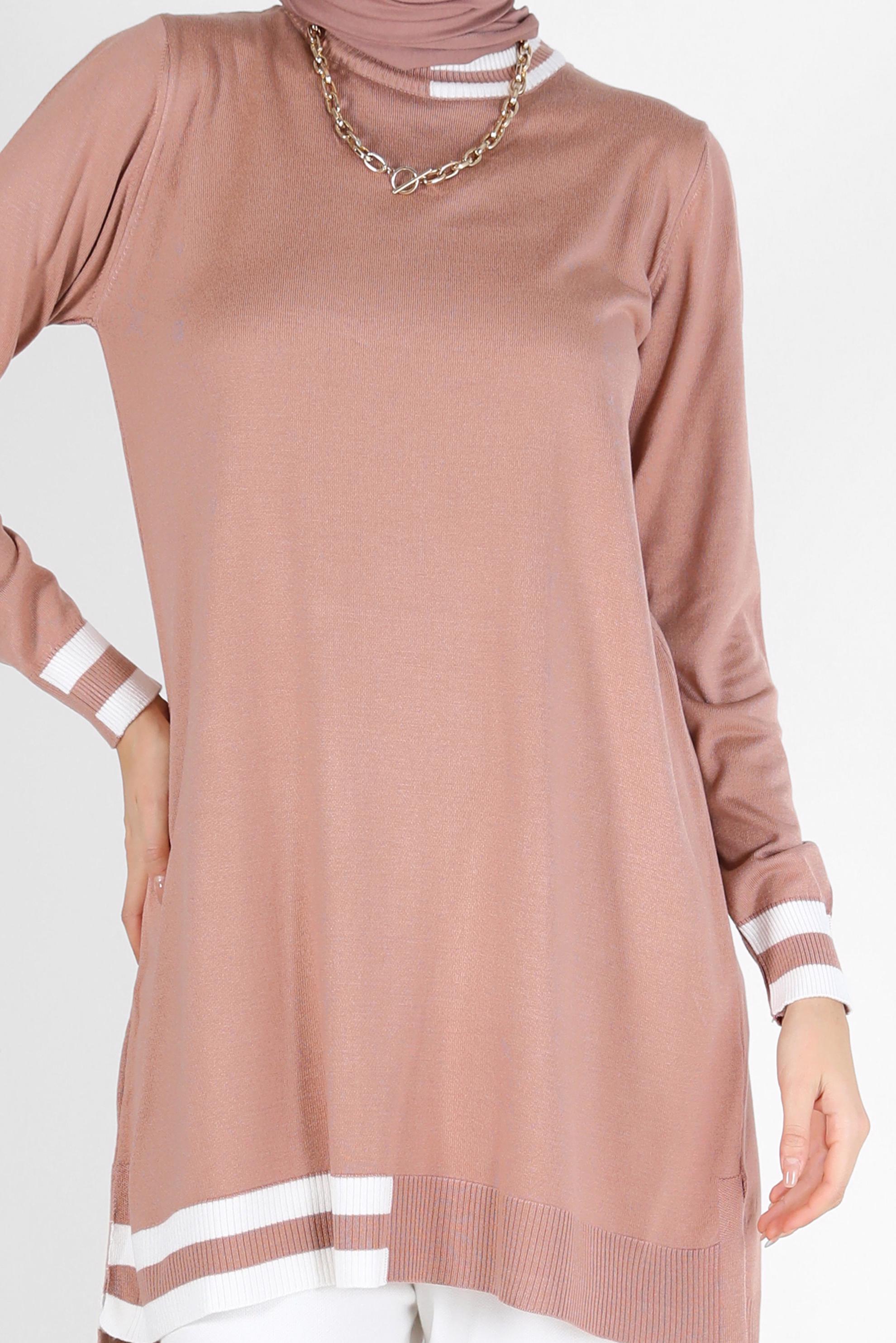 Tesettür giyim PUDRA RENK BLOKLU TRİKO TUNİK 42039 