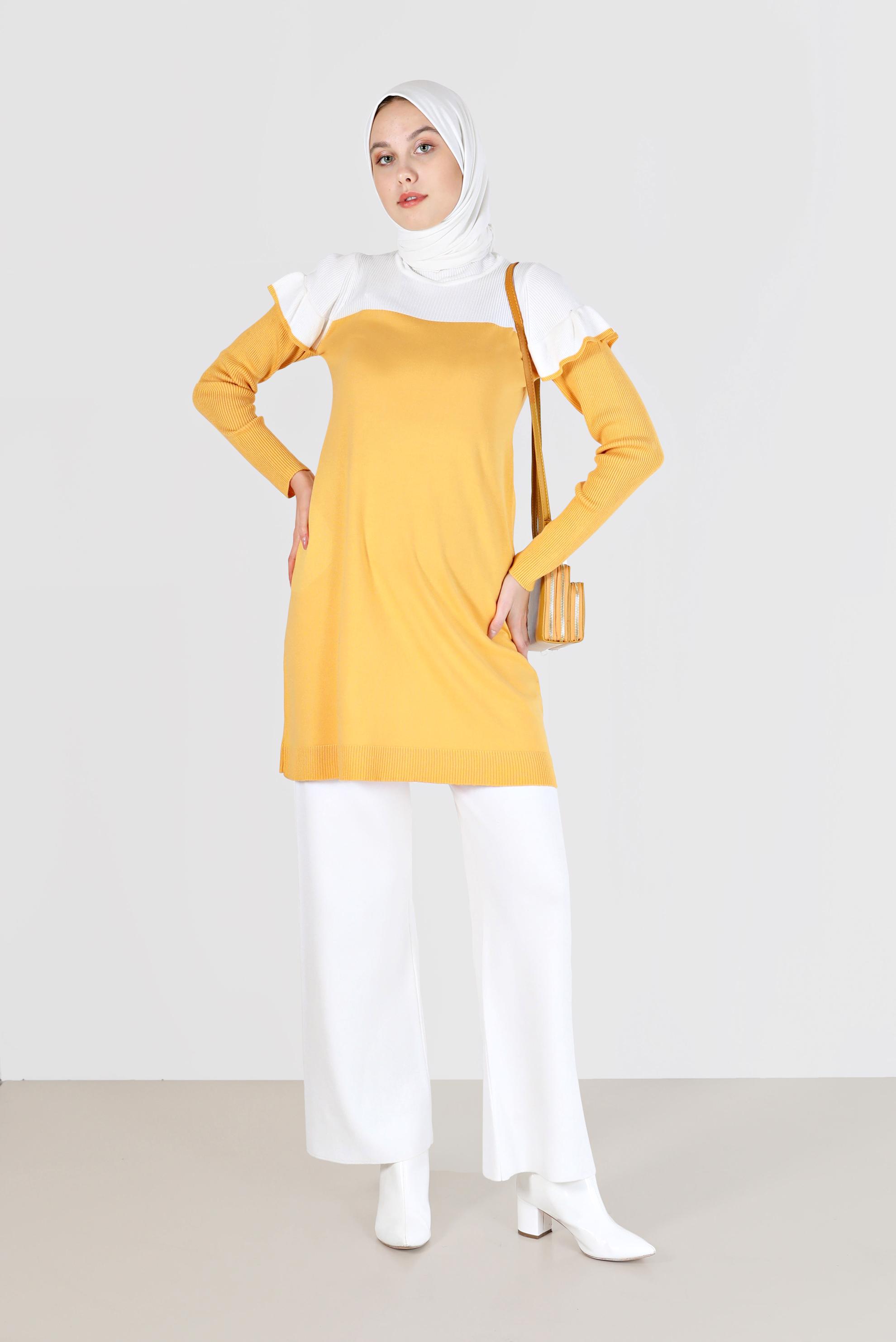 Tesettür giyim SARI İKİ RENKLİ OMUZLARI FIRFIRLI TRİKO TUNİK 42040 