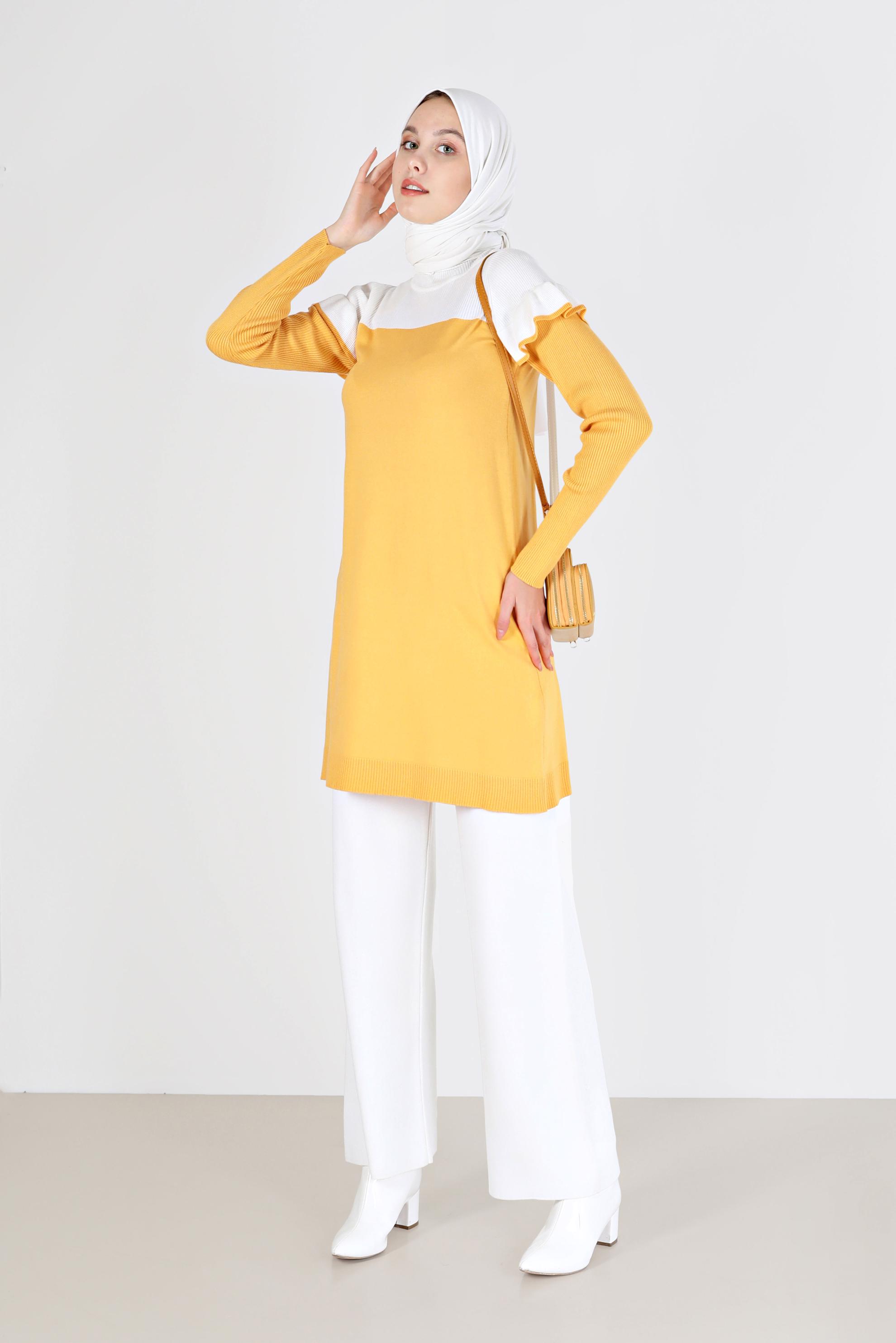 Tesettür giyim SARI İKİ RENKLİ OMUZLARI FIRFIRLI TRİKO TUNİK 42040 