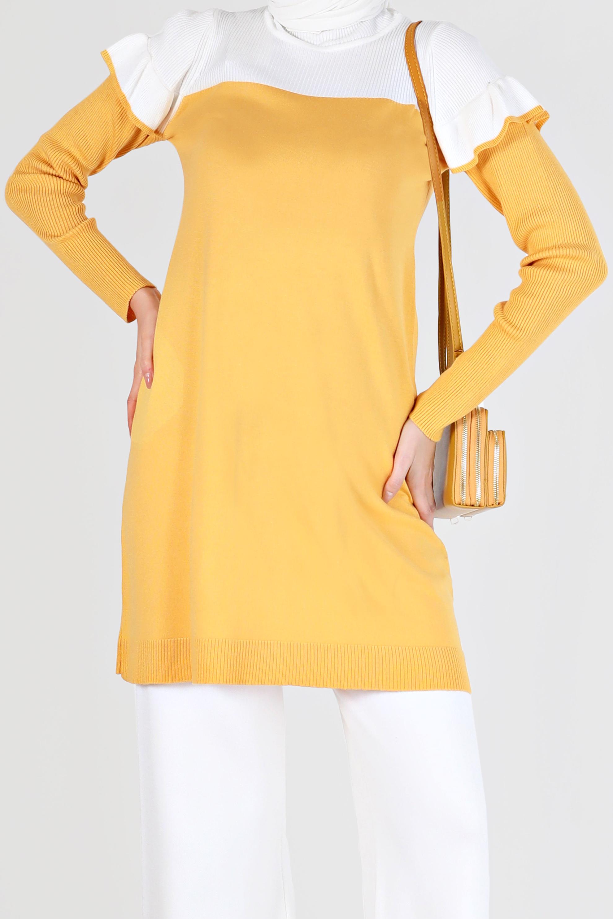 Tesettür giyim SARI İKİ RENKLİ OMUZLARI FIRFIRLI TRİKO TUNİK 42040 