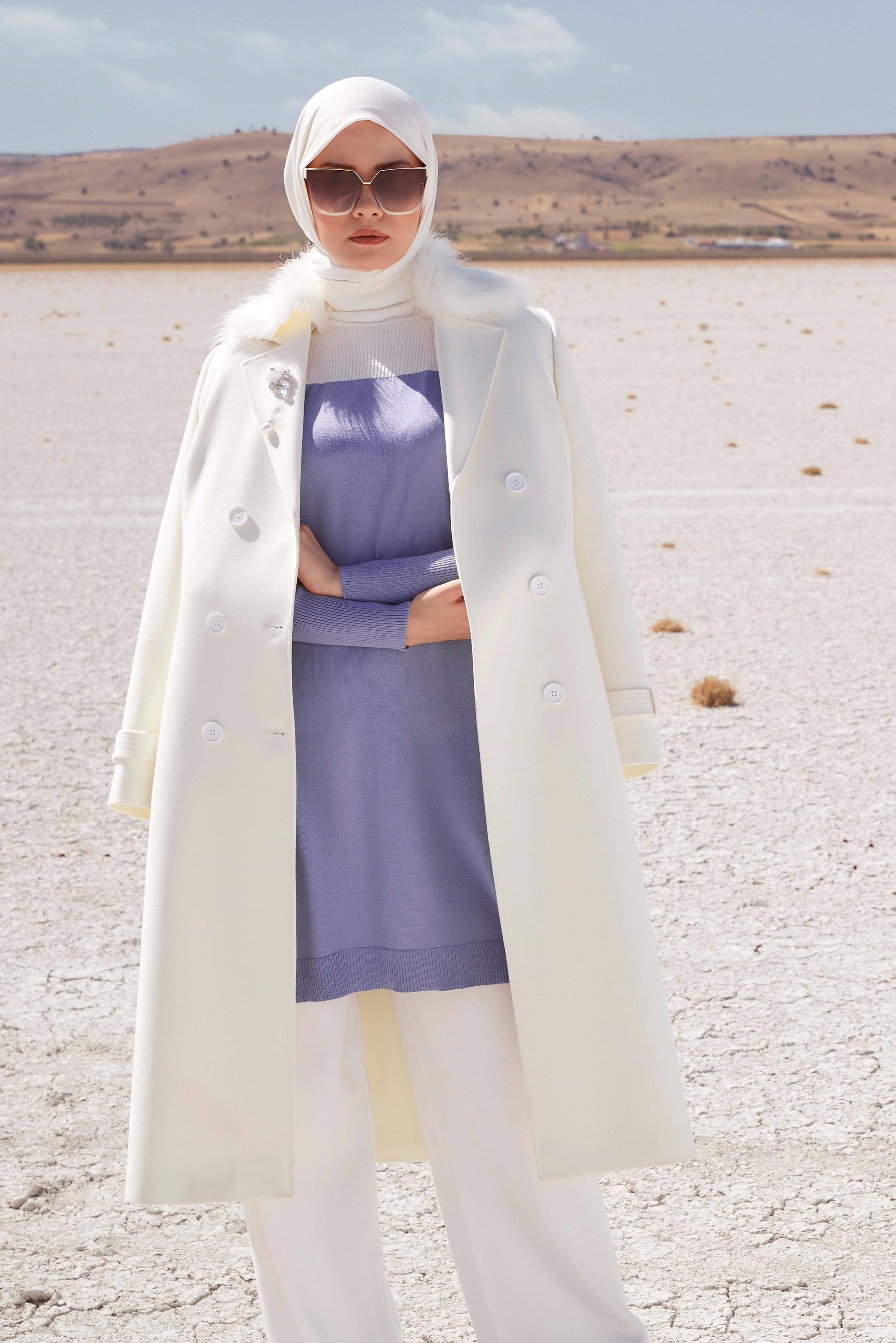 Tesettür giyim MOR İKİ RENKLİ OMUZLARI FIRFIRLI TRİKO TUNİK 42040 