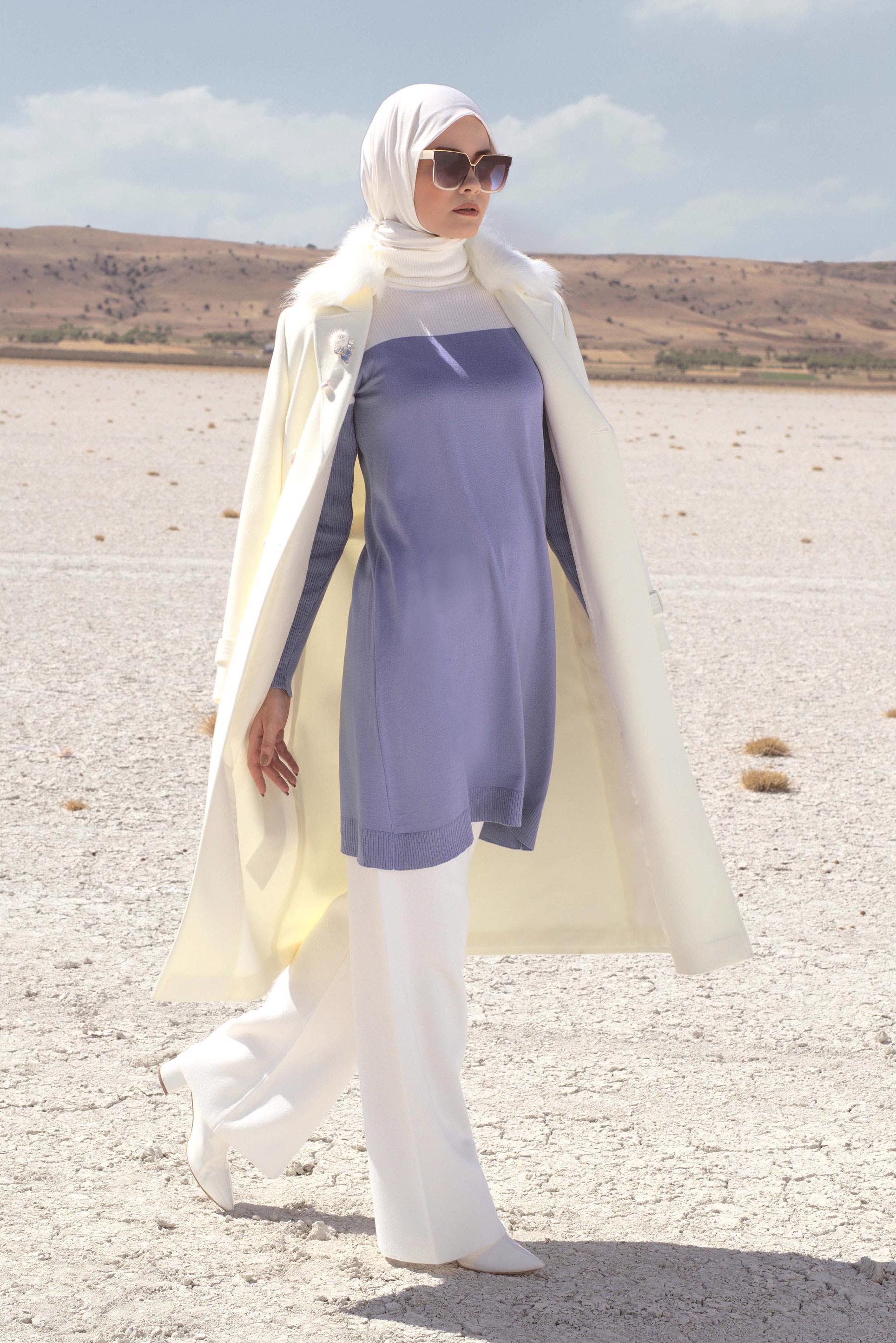 Tesettür giyim MOR İKİ RENKLİ OMUZLARI FIRFIRLI TRİKO TUNİK 42040 