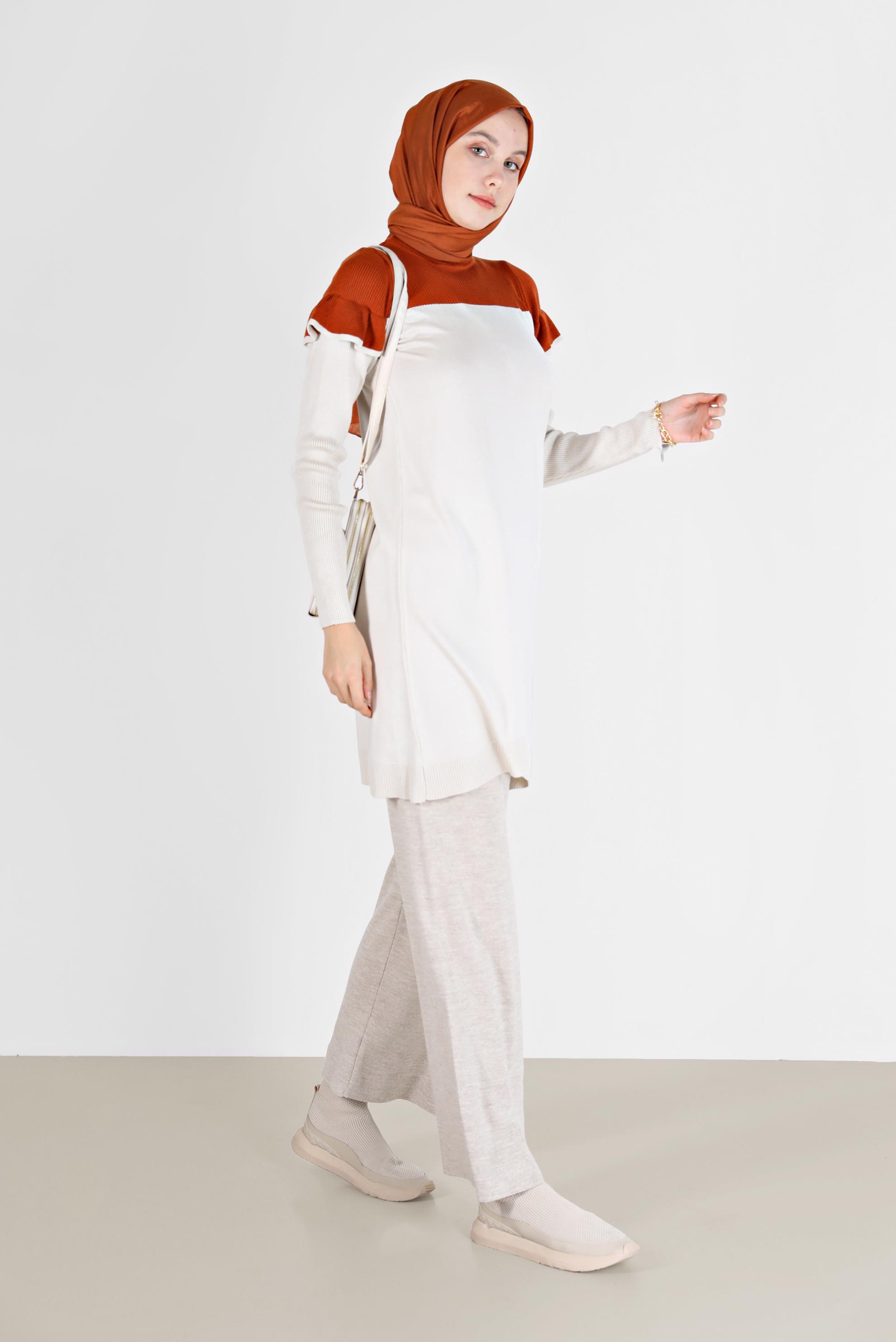 Tesettür giyim GRİ İKİ RENKLİ OMUZLARI FIRFIRLI TRİKO TUNİK 42040 