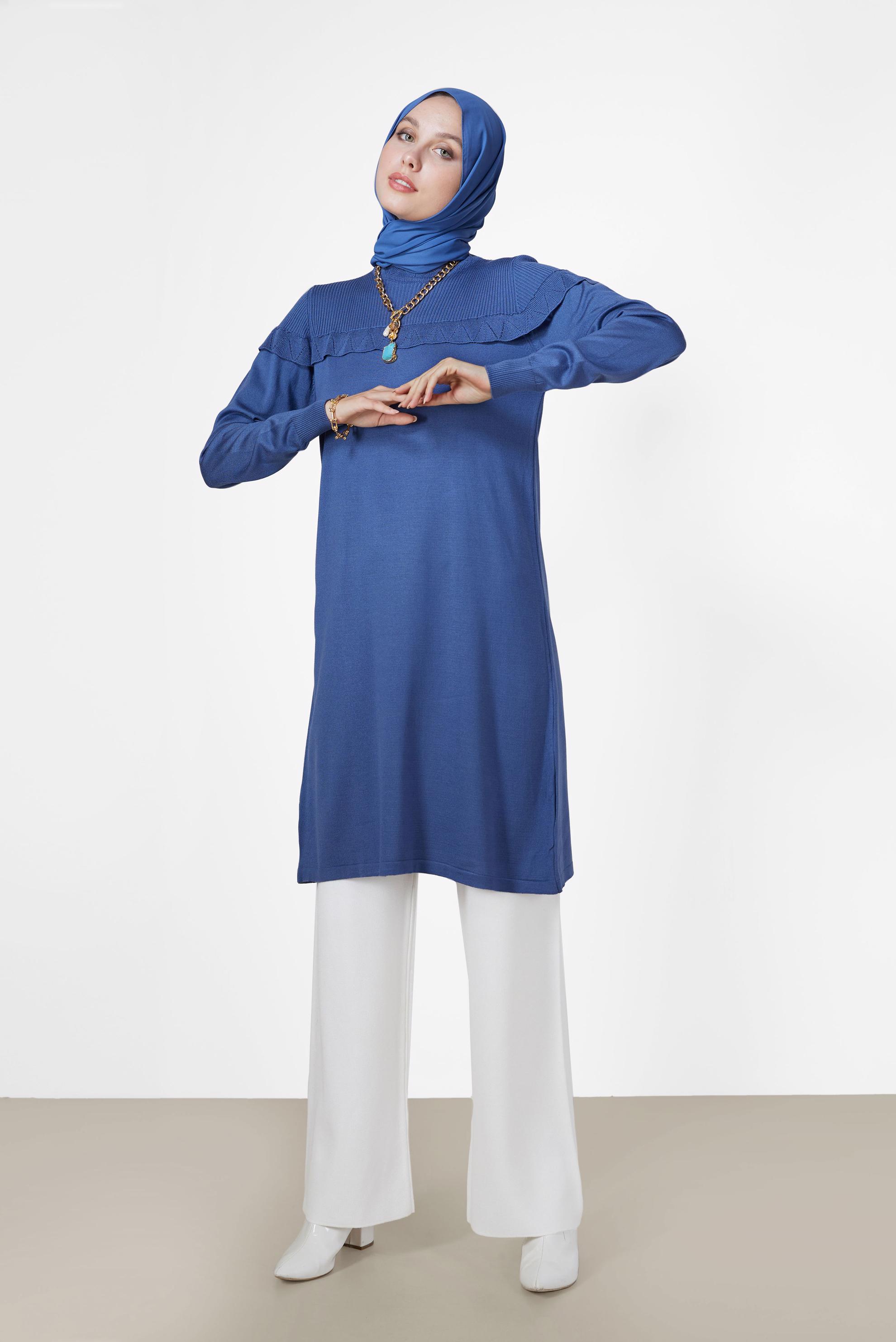 Tesettür giyim LACİVERT VOLANLI MANŞETLERİ LASTİKLİ TRİKO TUNİK 42041 