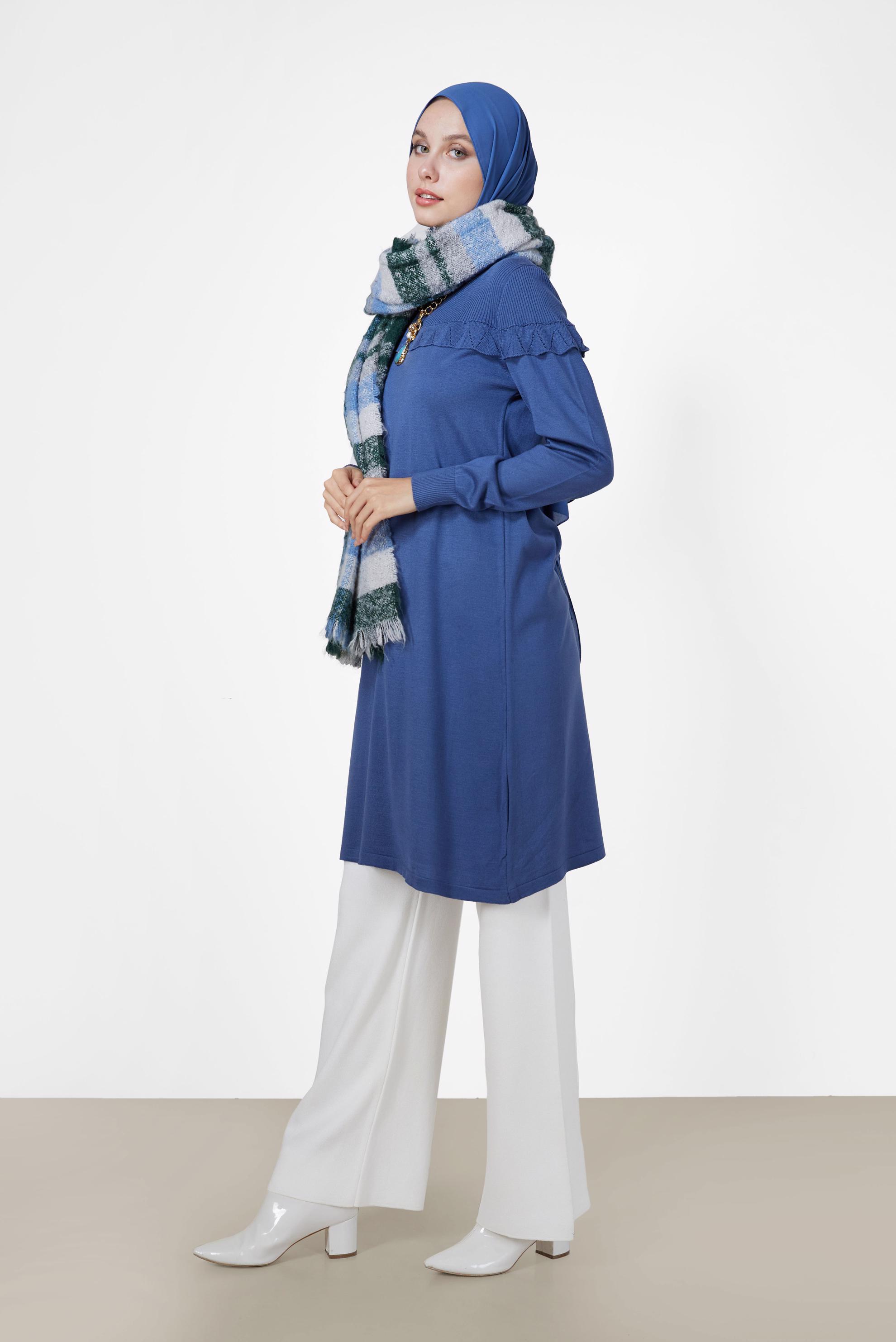 Tesettür giyim LACİVERT VOLANLI MANŞETLERİ LASTİKLİ TRİKO TUNİK 42041 