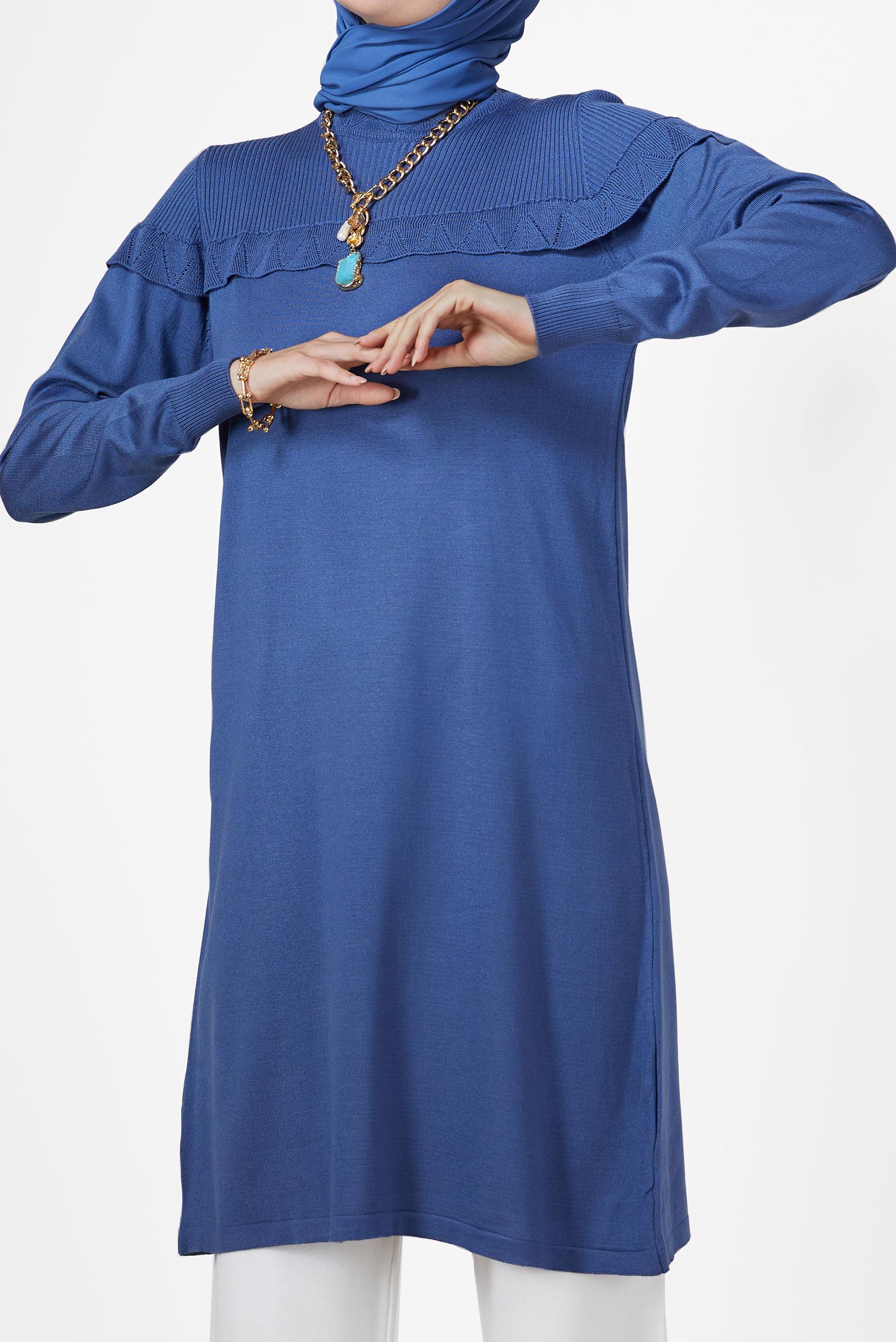 Tesettür giyim LACİVERT VOLANLI MANŞETLERİ LASTİKLİ TRİKO TUNİK 42041 
