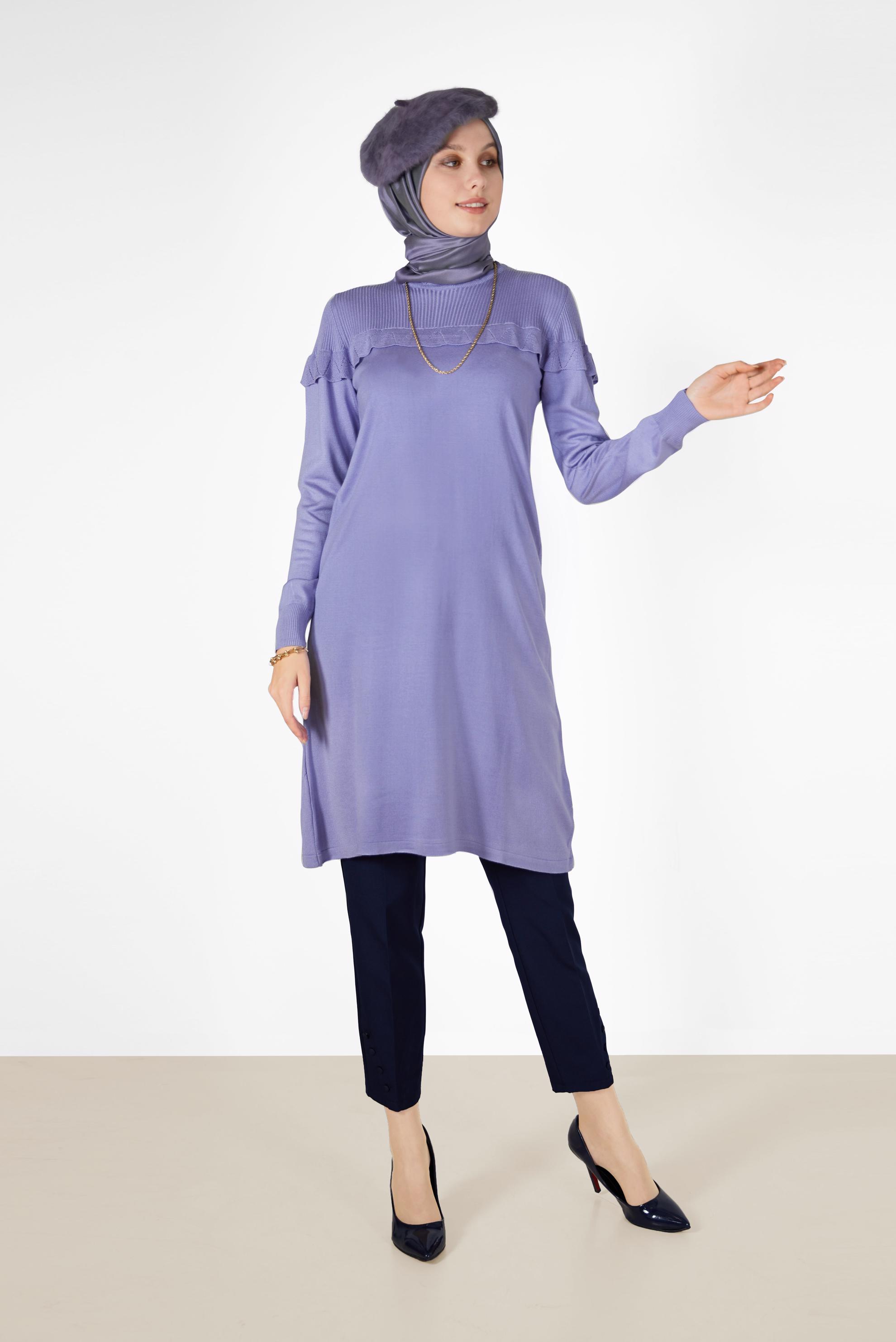 Hijab clothing PURPLE FRILLED KNITWEAR TUNIC WITH ELASTIC CUFFS 42041 