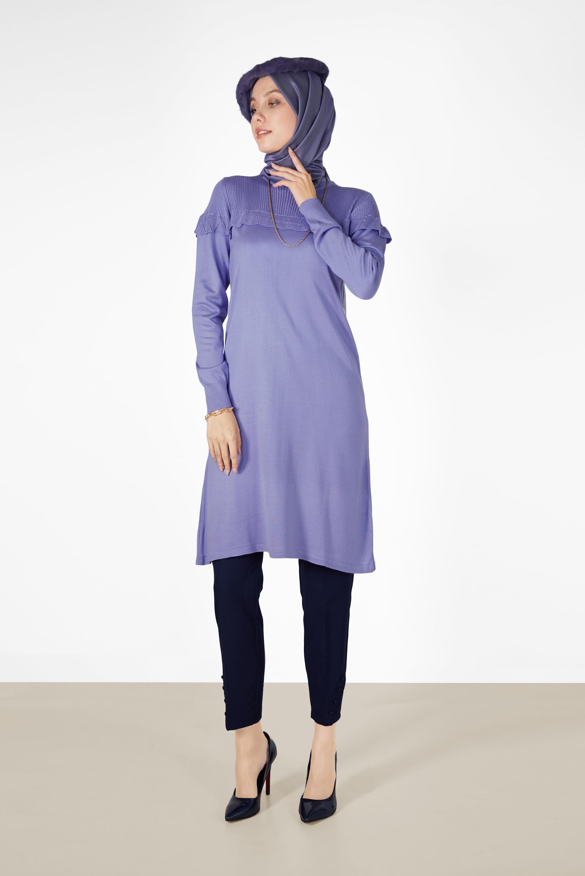 Hijab clothing PURPLE FRILLED KNITWEAR TUNIC WITH ELASTIC CUFFS 42041 