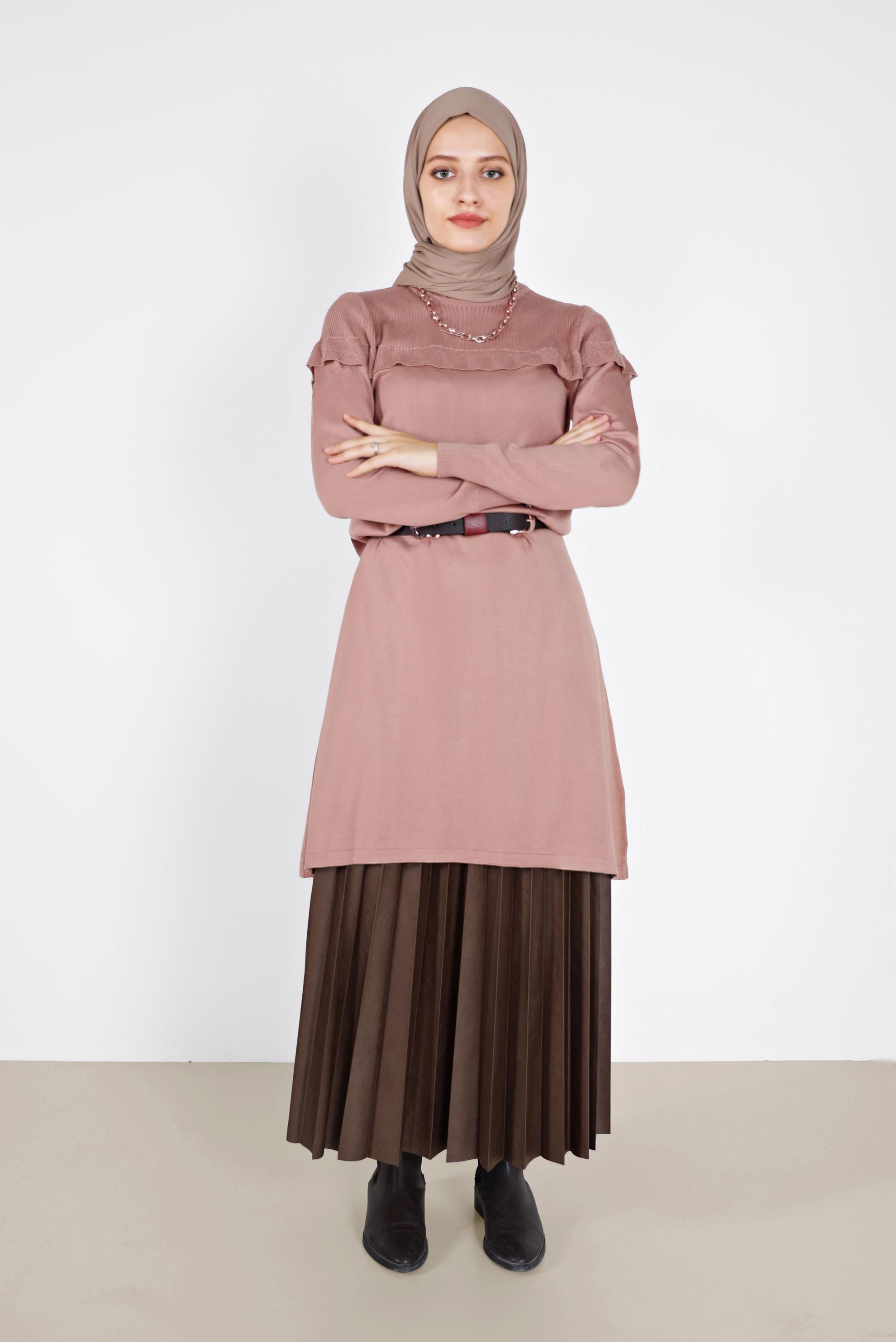 Tesettür giyim PUDRA VOLANLI MANŞETLERİ LASTİKLİ TRİKO TUNİK 42041 