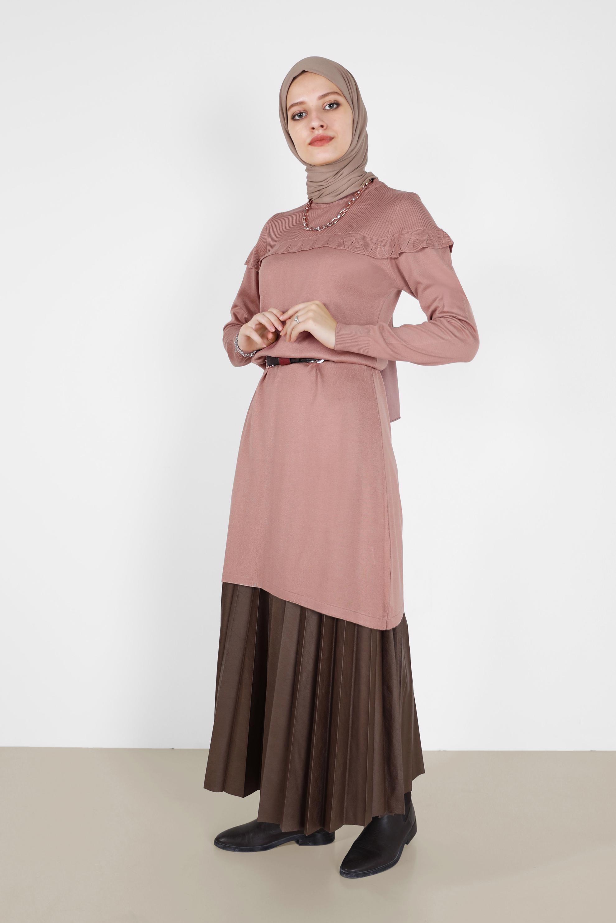 Tesettür giyim PUDRA VOLANLI MANŞETLERİ LASTİKLİ TRİKO TUNİK 42041 