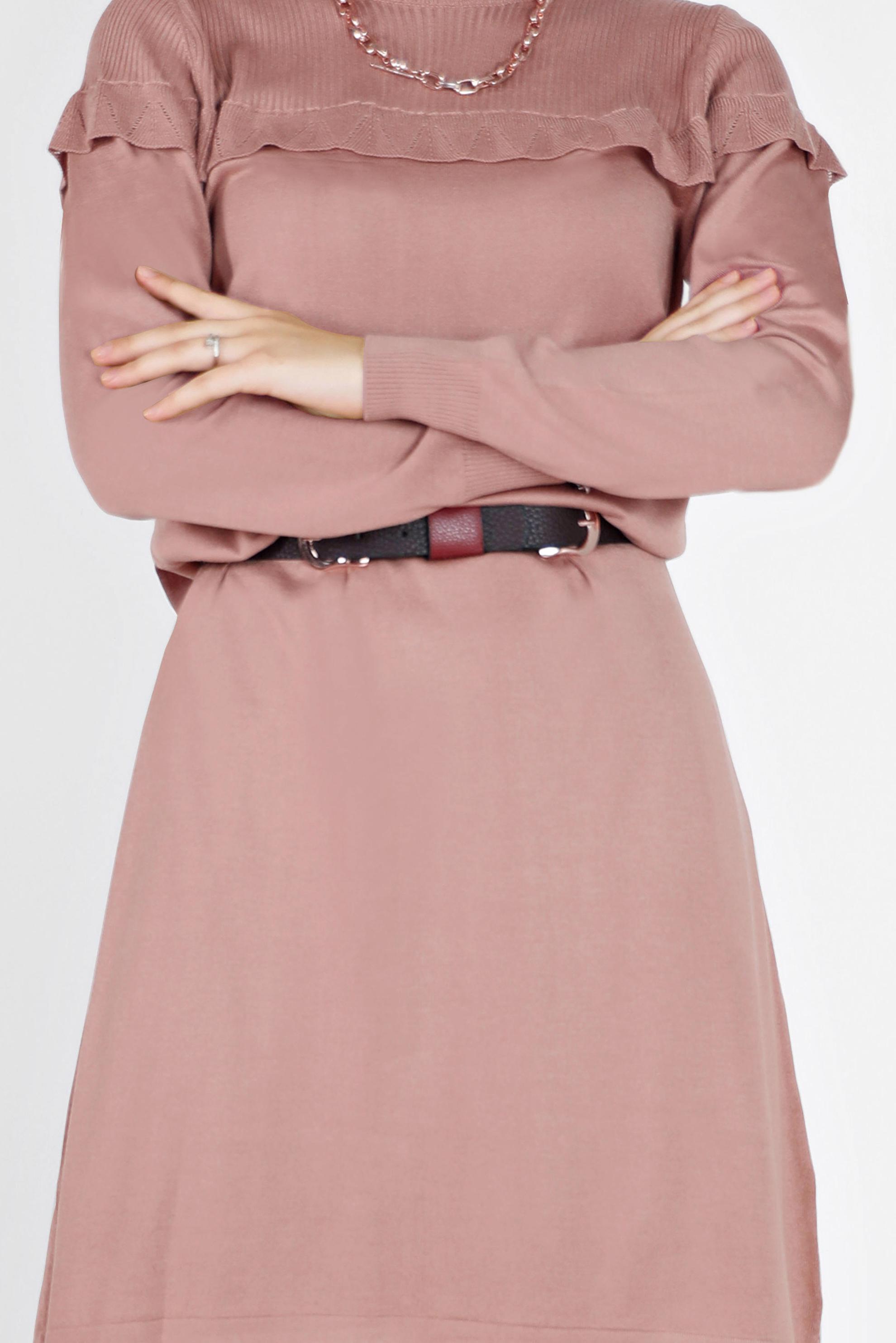 Tesettür giyim PUDRA VOLANLI MANŞETLERİ LASTİKLİ TRİKO TUNİK 42041 