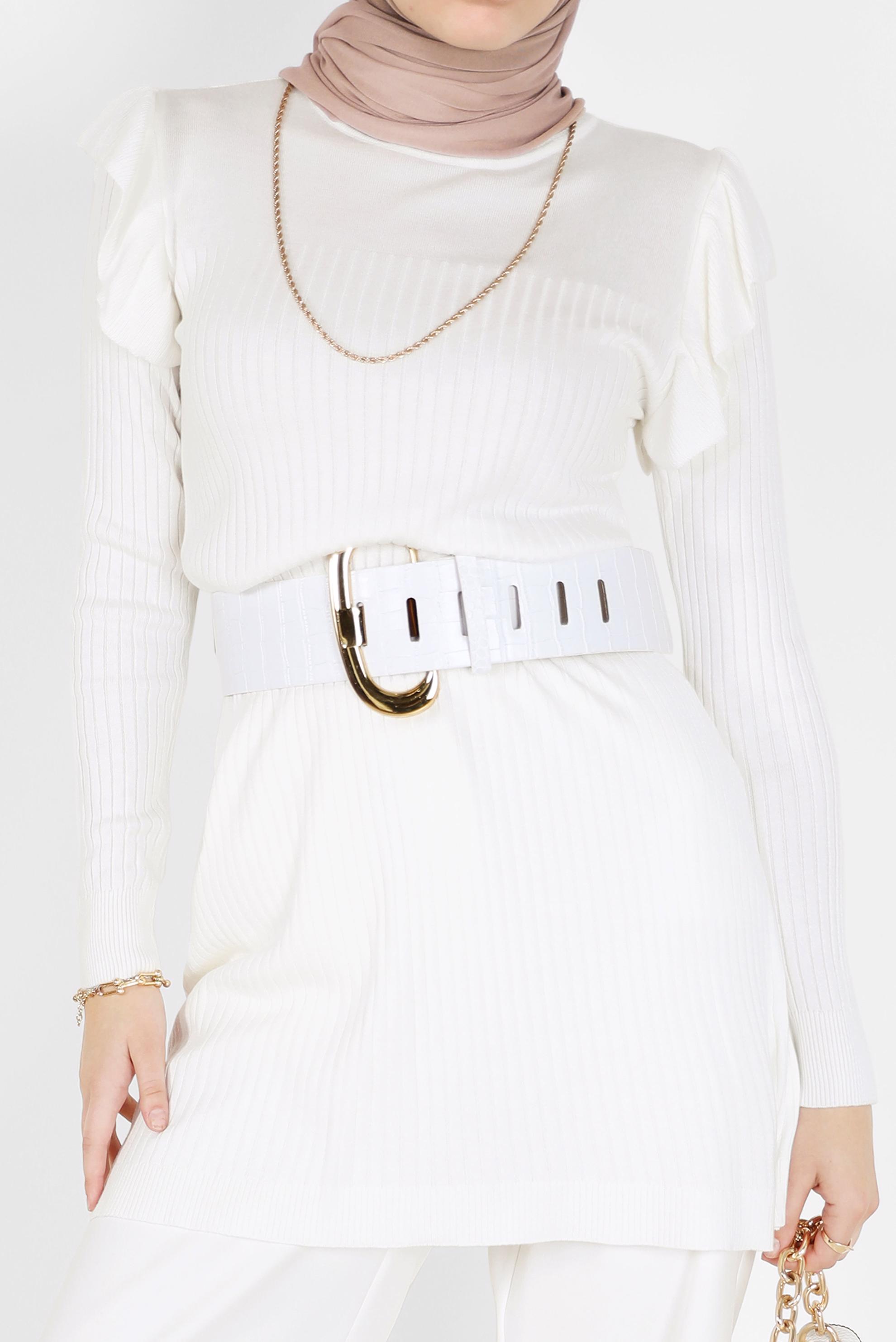 Hijab clothing WHITE RUFFLE DETAIL STRIPED KNITWEAR TUNIC 42042 