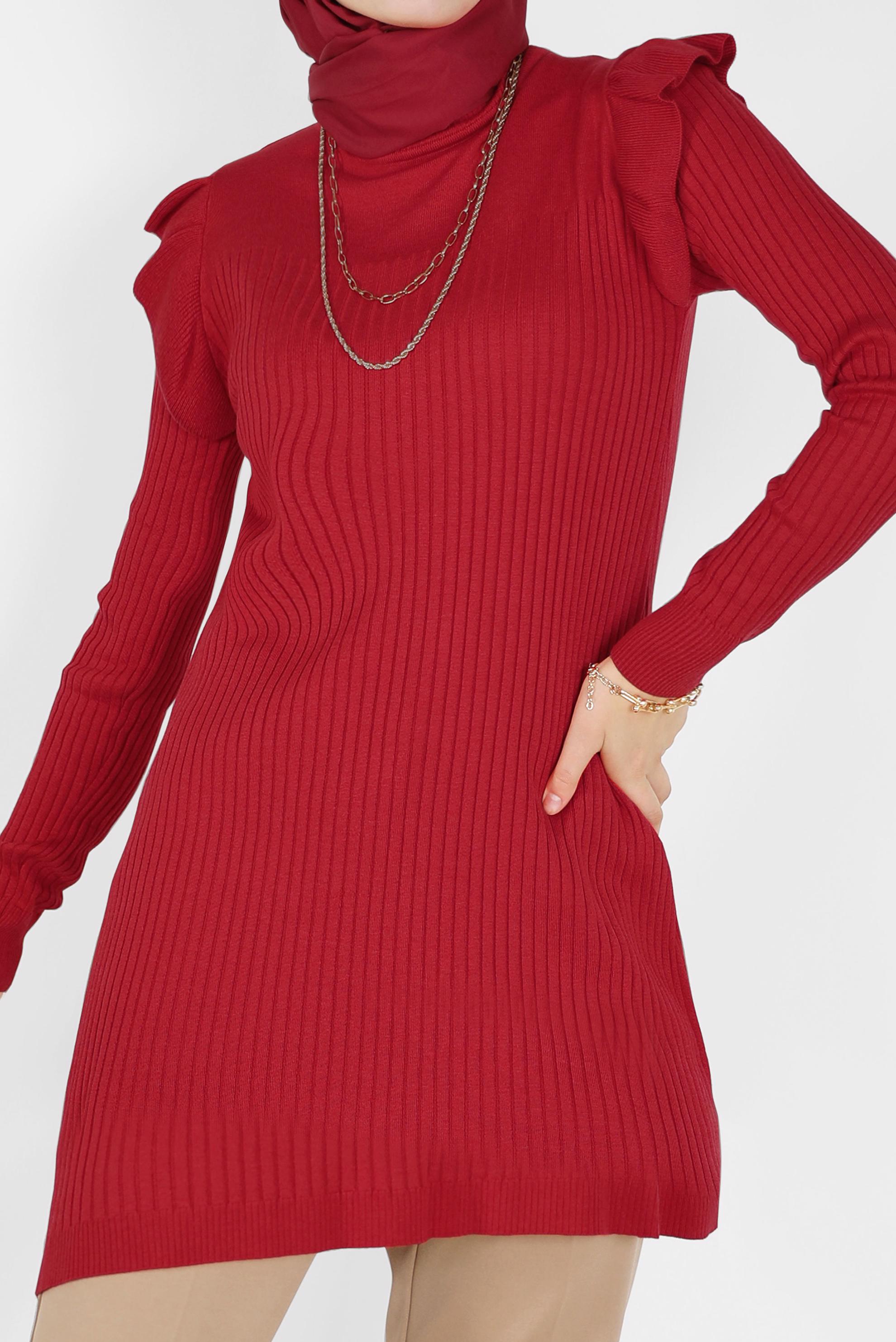 Tesettür giyim KIRMIZI KENDİNDEN DESENLİ OMUZLARI FIRFIRLI TRİKO TUNİK 42042 