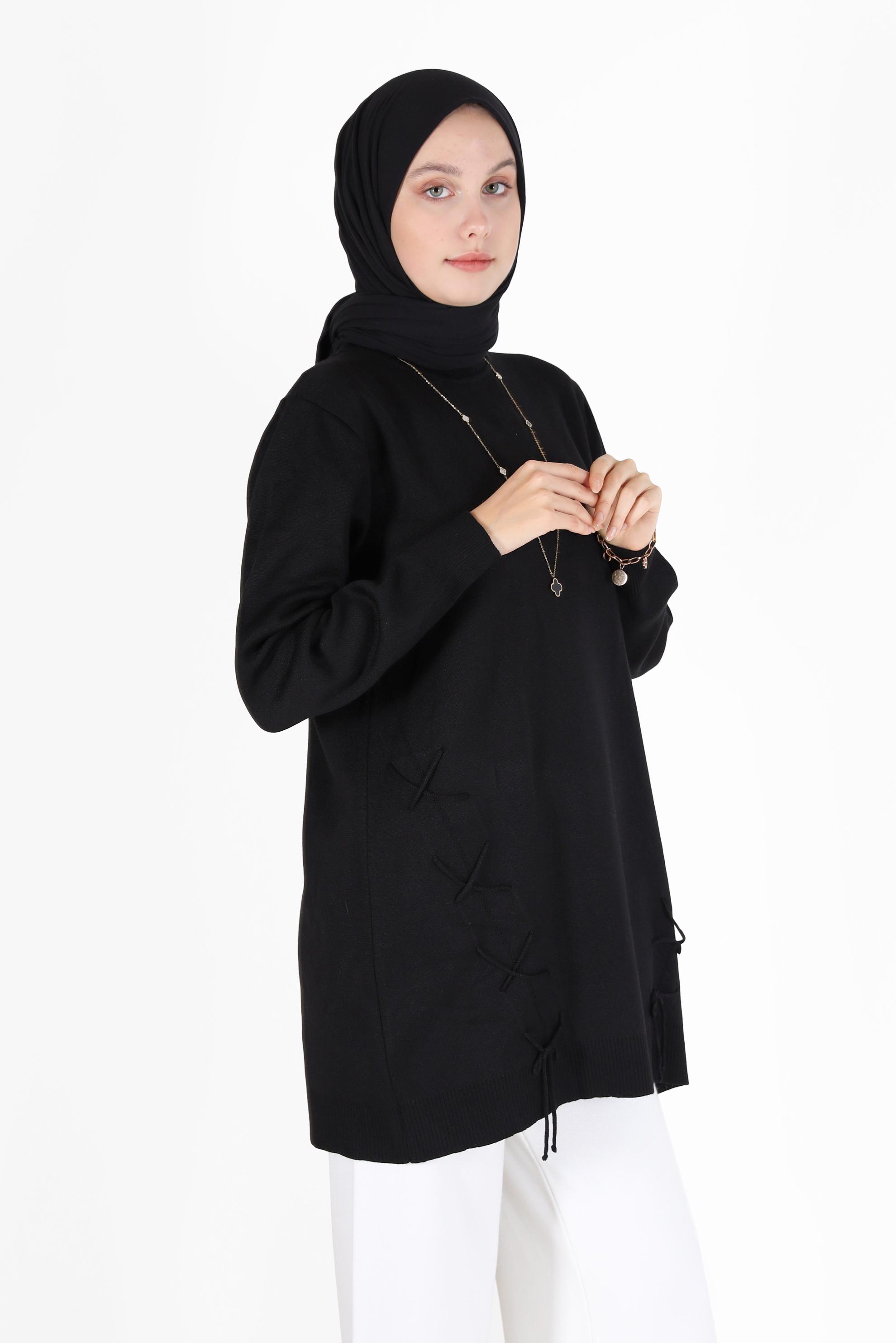 Tesettür giyim SİYAH BAĞLAMA DETAYLI TRİKO TUNİK 42044 