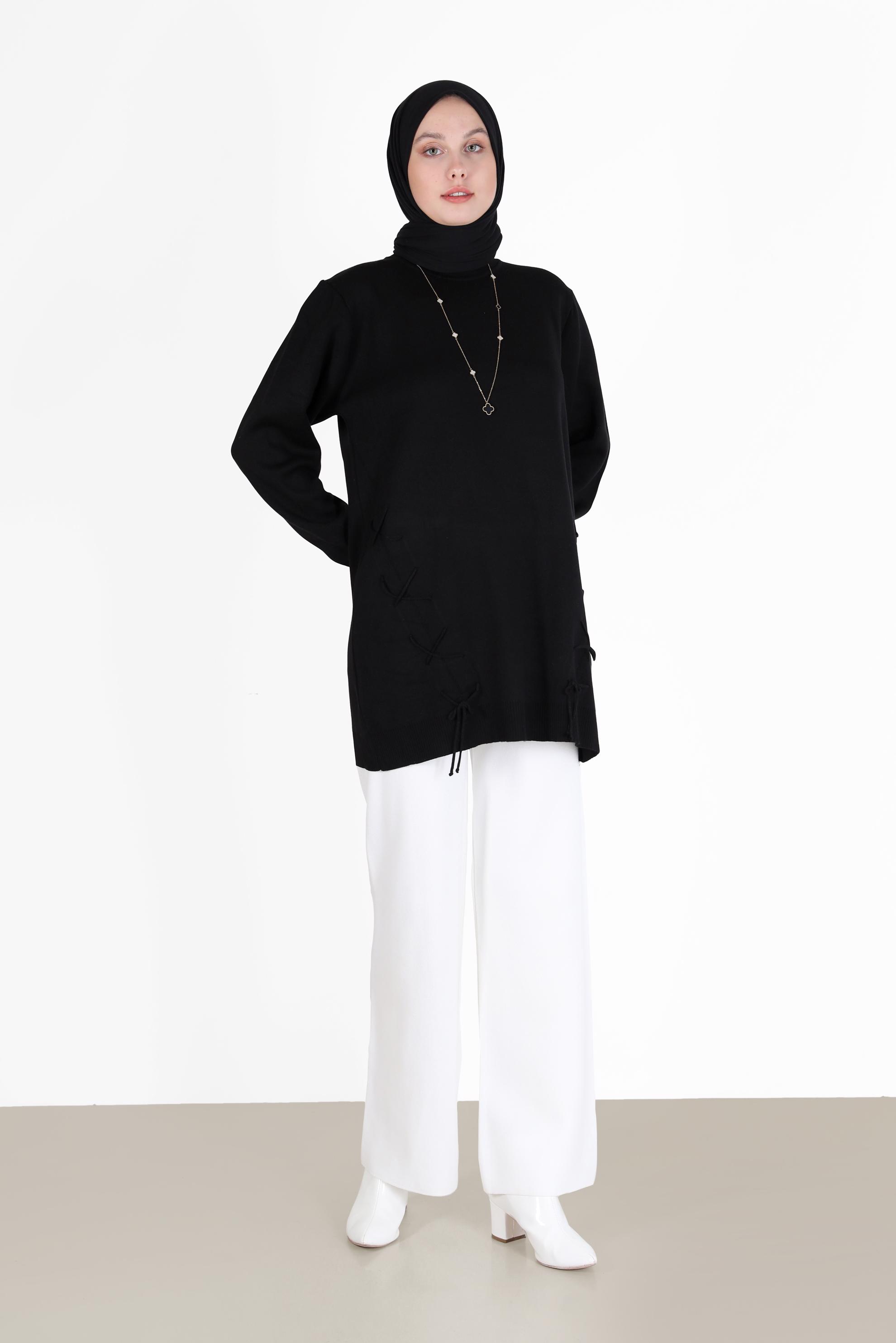 Tesettür giyim SİYAH BAĞLAMA DETAYLI TRİKO TUNİK 42044 