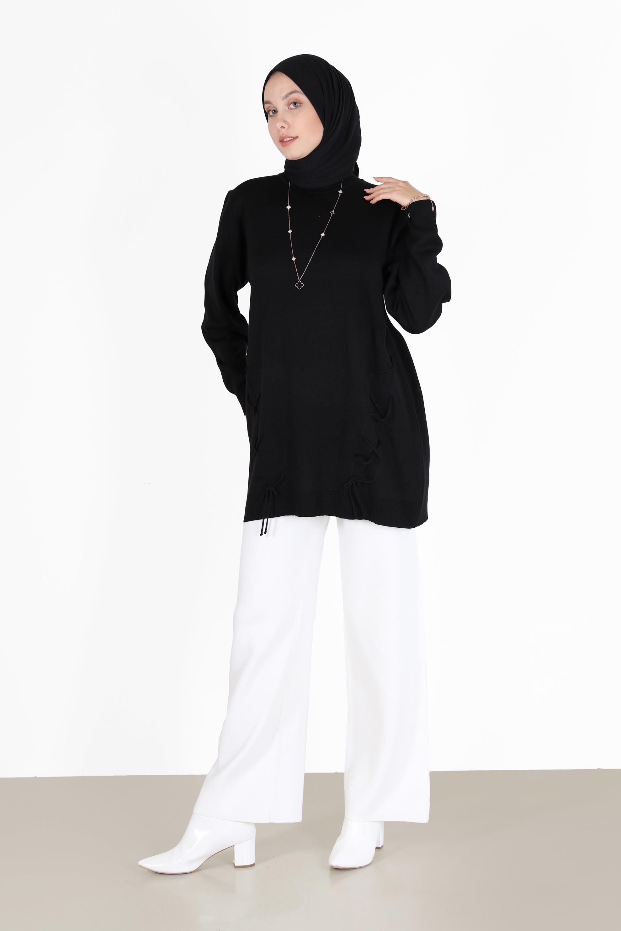 Tesettür giyim SİYAH BAĞLAMA DETAYLI TRİKO TUNİK 42044 