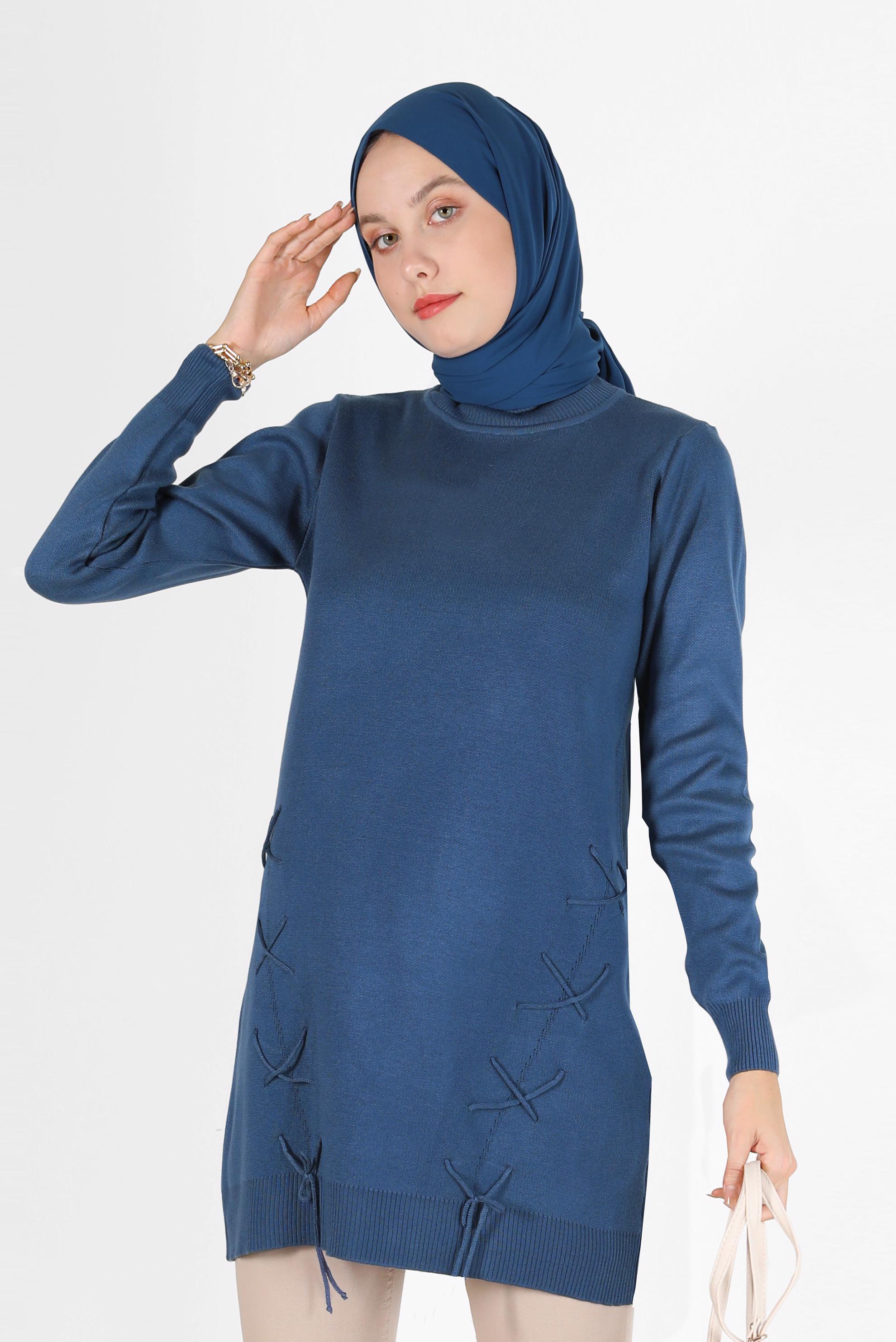 Tesettür giyim LACİVERT BAĞLAMA DETAYLI TRİKO TUNİK 42044 