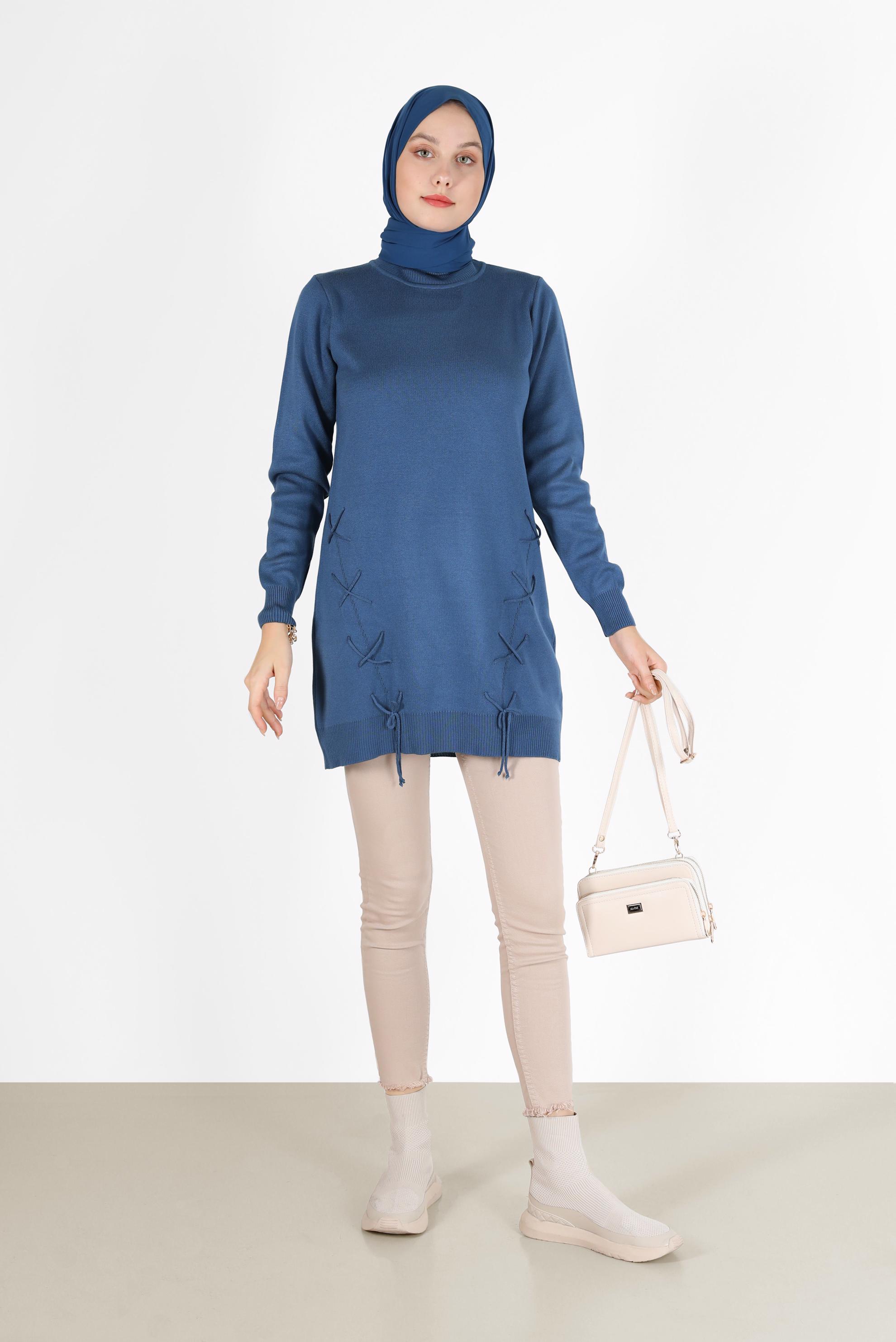 Tesettür giyim LACİVERT BAĞLAMA DETAYLI TRİKO TUNİK 42044 