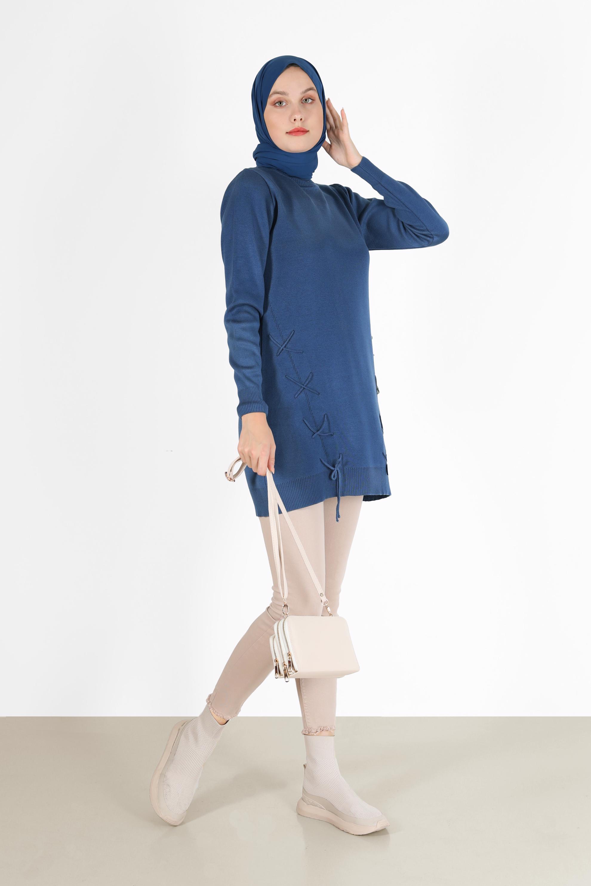 Tesettür giyim LACİVERT BAĞLAMA DETAYLI TRİKO TUNİK 42044 