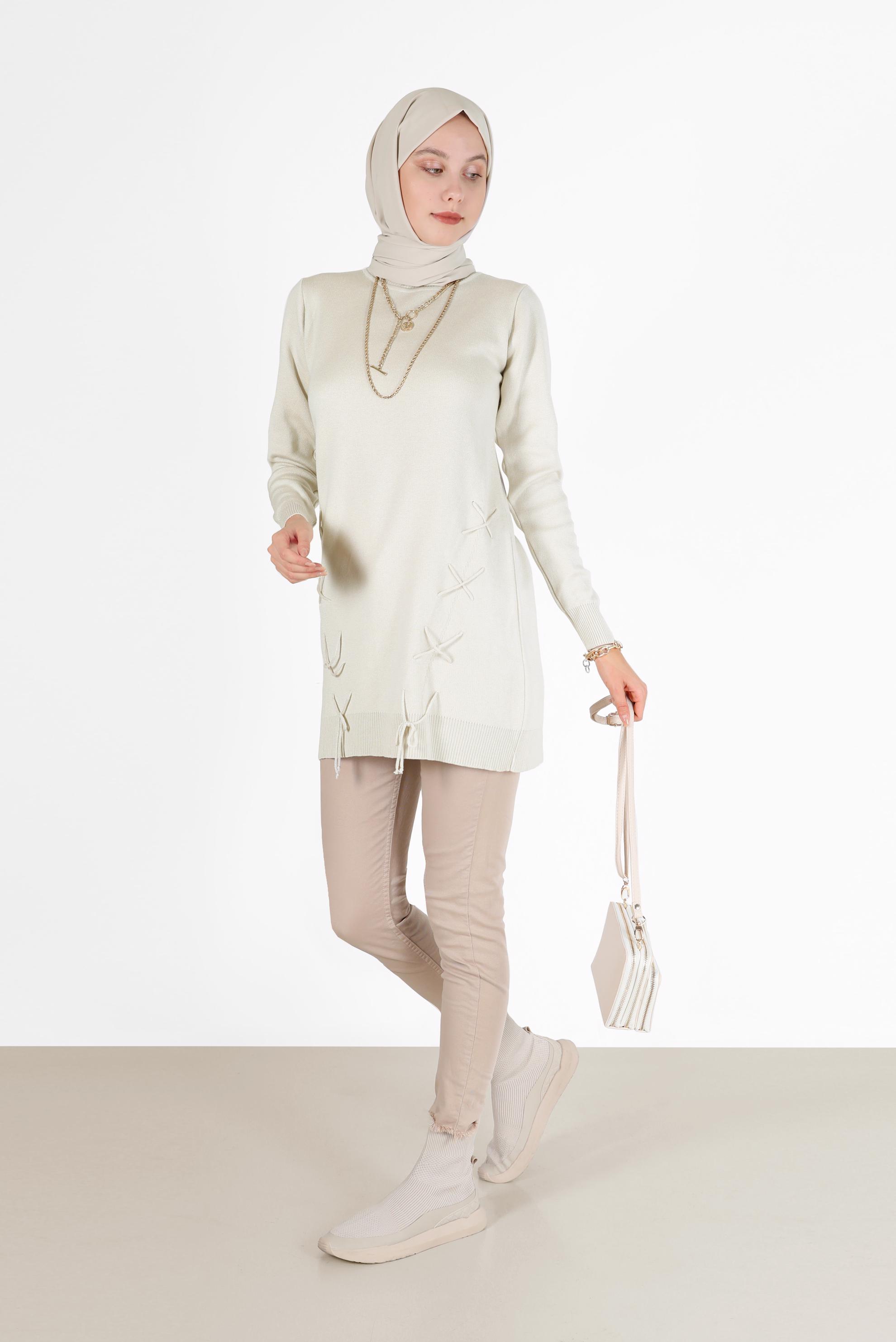 Hijab clothing BEIGE TIE DETAIL KNITWEAR TUNIC 42044 