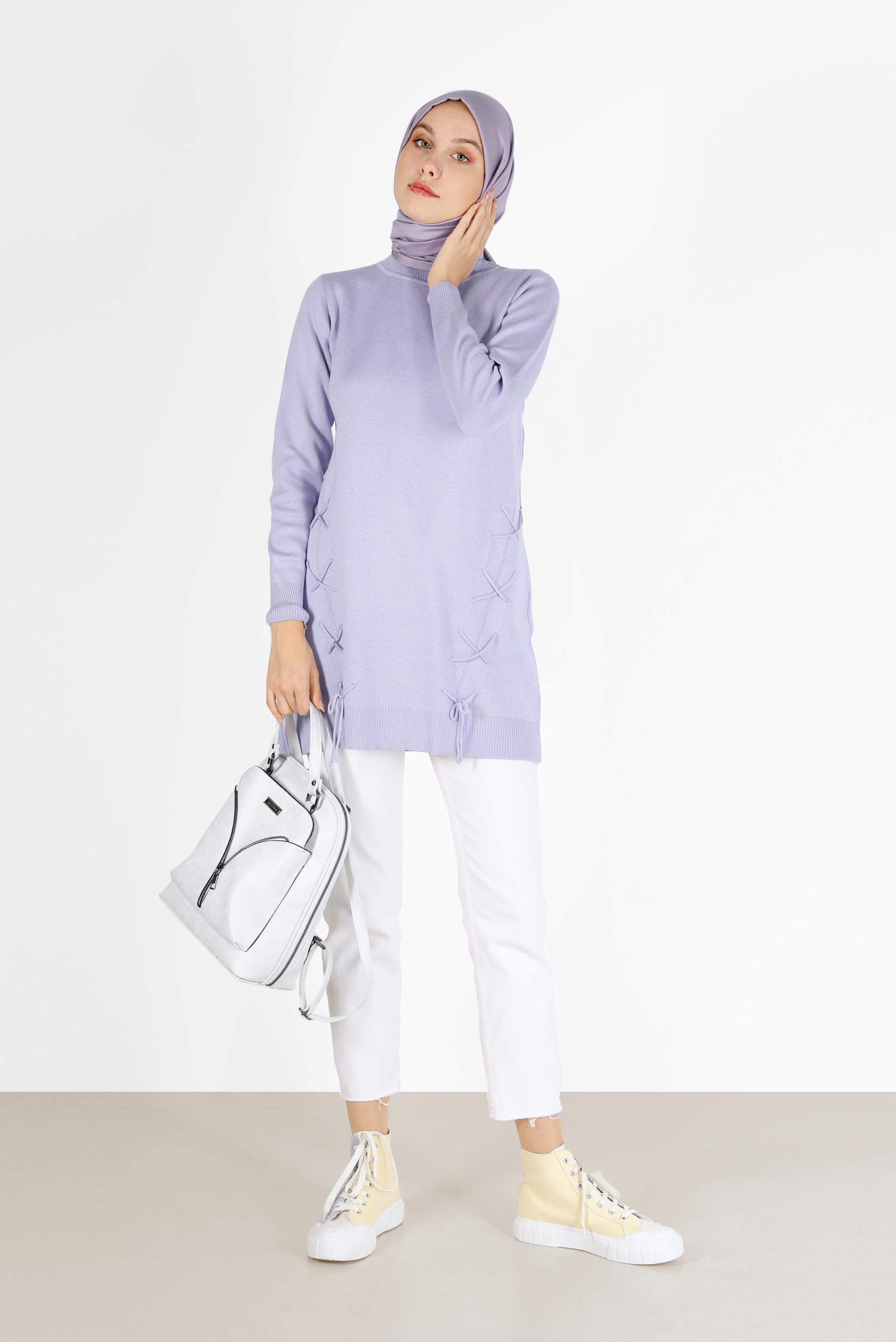 Hijab clothing PURPLE TIE DETAIL KNITWEAR TUNIC 42044 