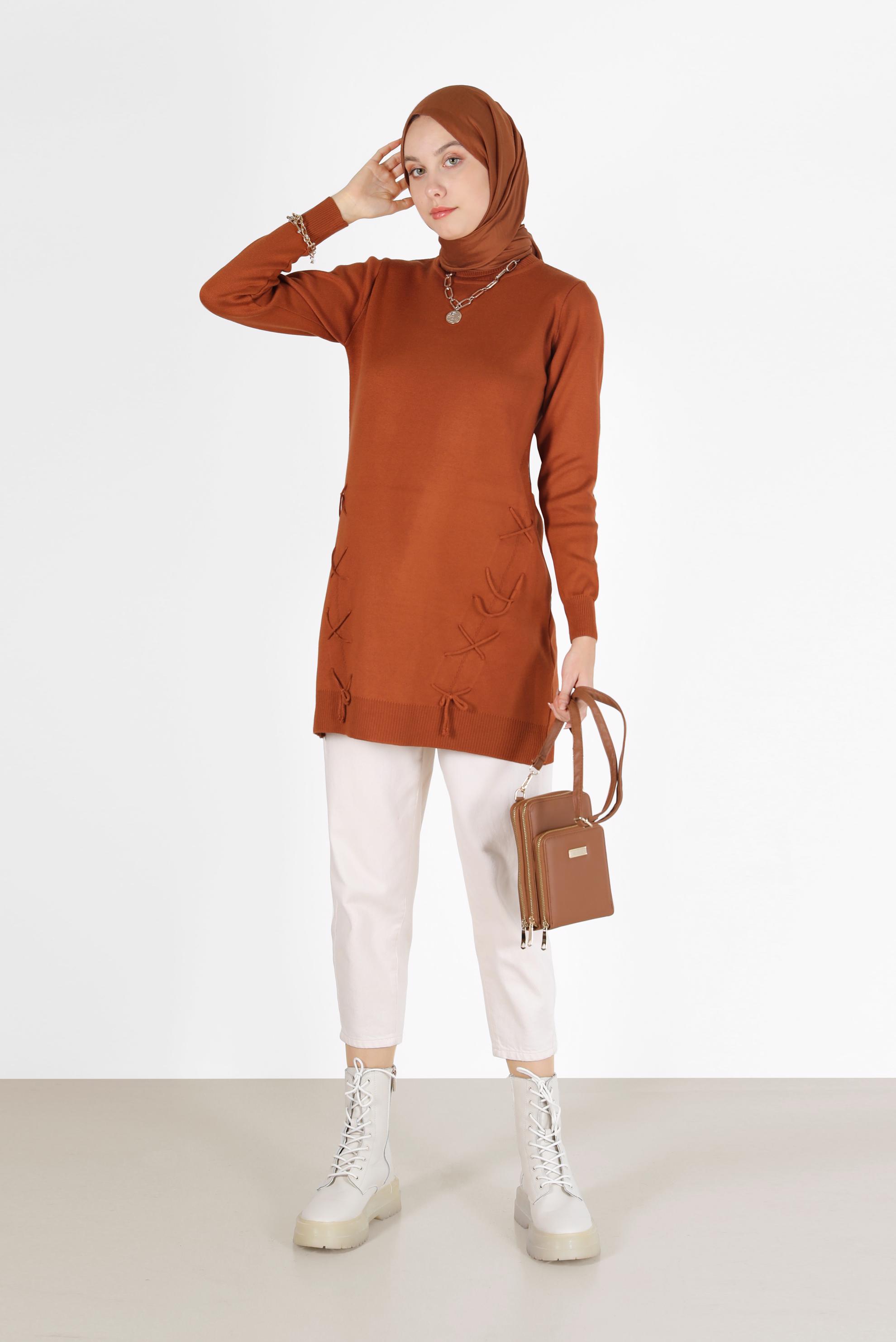 Hijab clothing ORANGE TIE DETAIL KNITWEAR TUNIC 42044 