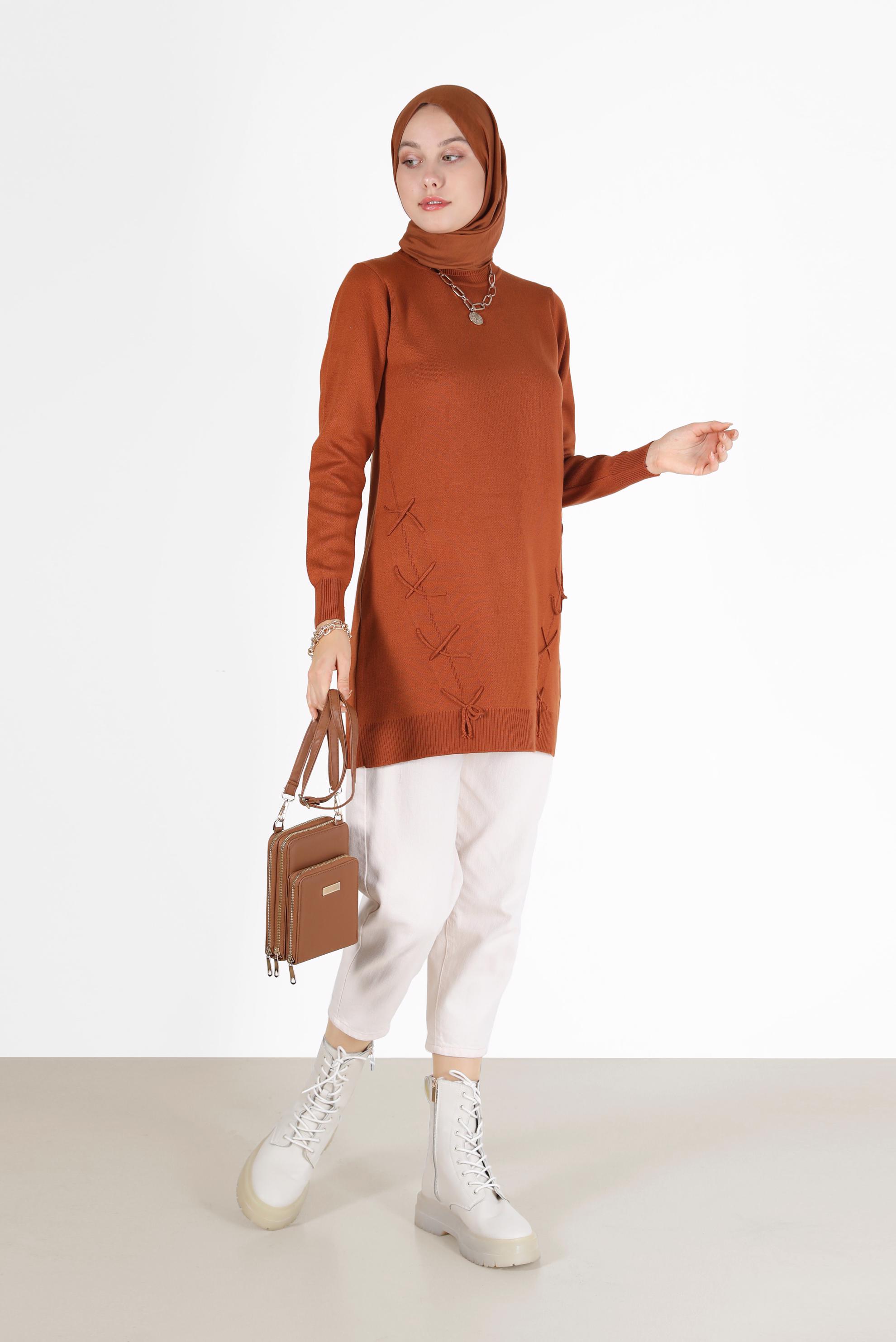 Hijab clothing ORANGE TIE DETAIL KNITWEAR TUNIC 42044 