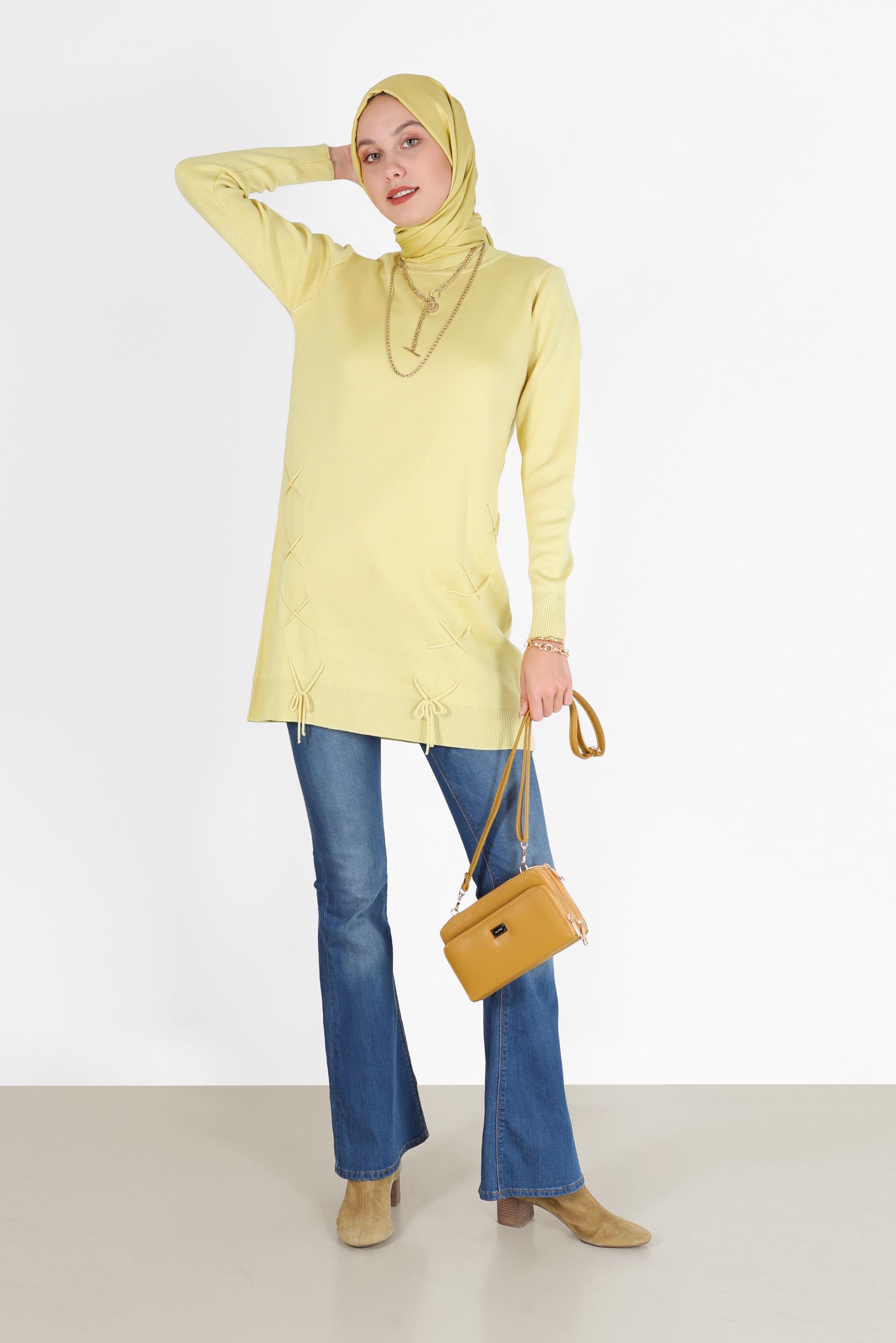 Hijab clothing YELLOW TIE DETAIL KNITWEAR TUNIC 42044 