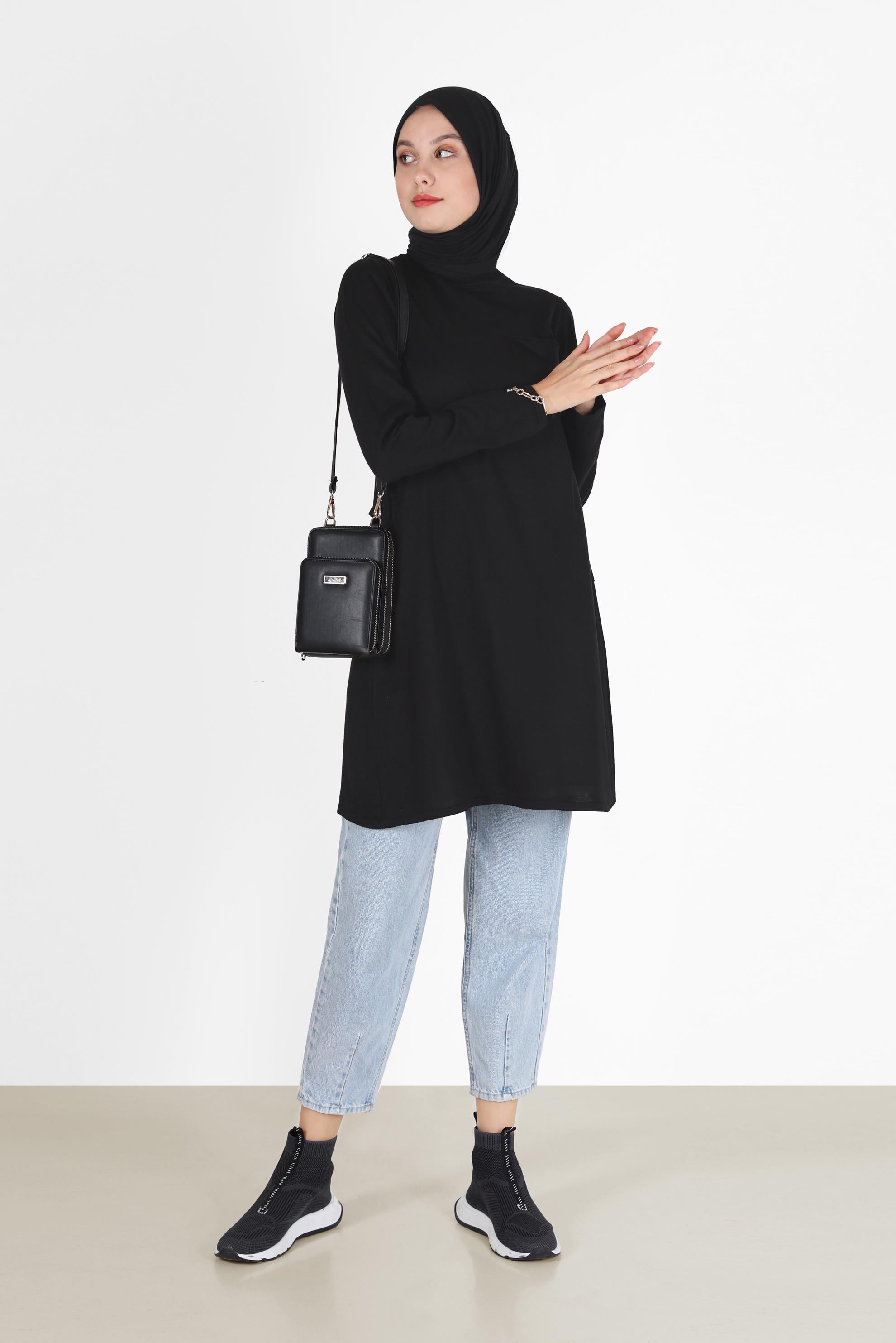 Tesettür giyim SİYAH CEP DETAYLI BASIC TRİKO TUNİK 42045 