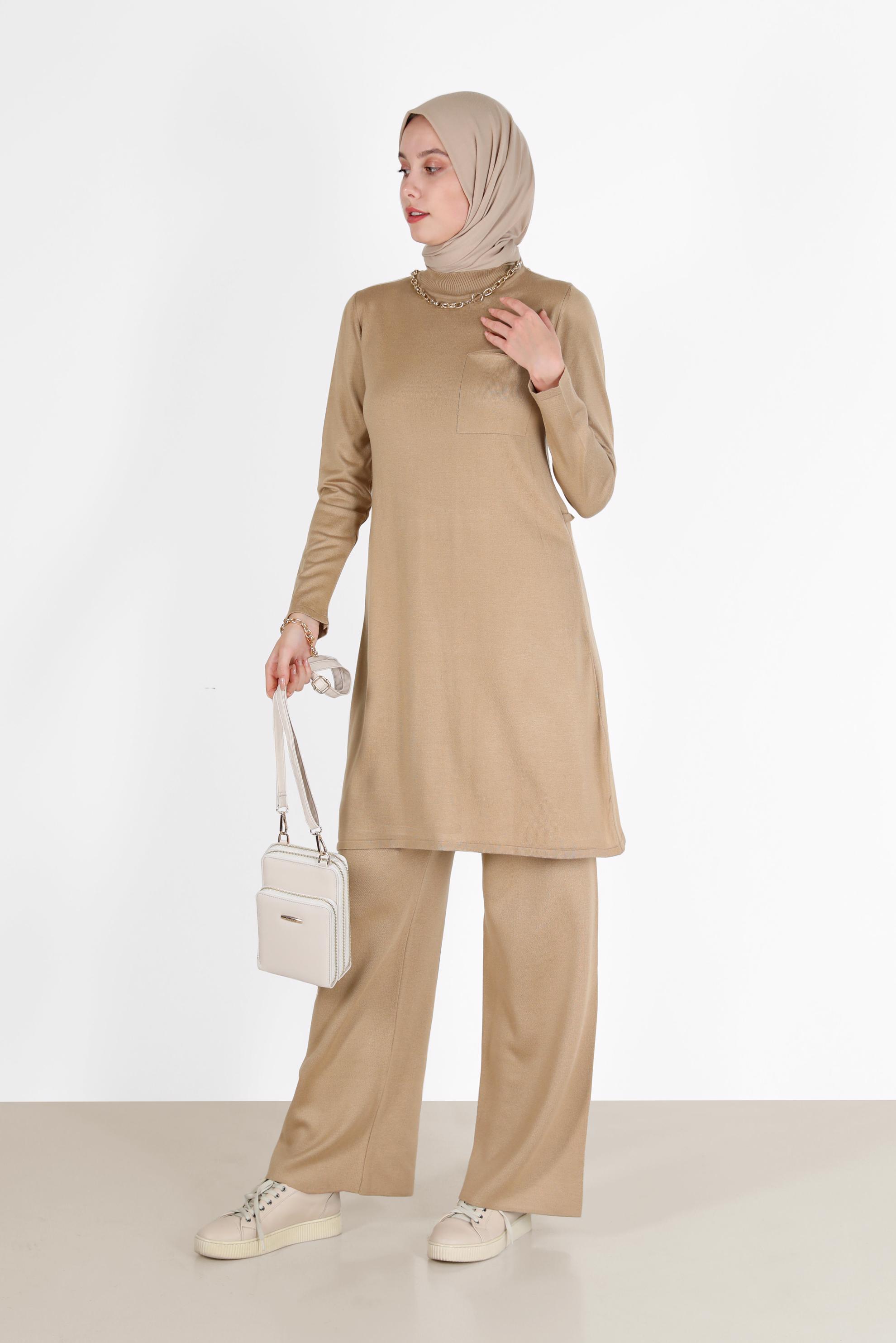 Tesettür giyim KAHVE CEP DETAYLI BASIC TRİKO TUNİK 42045 