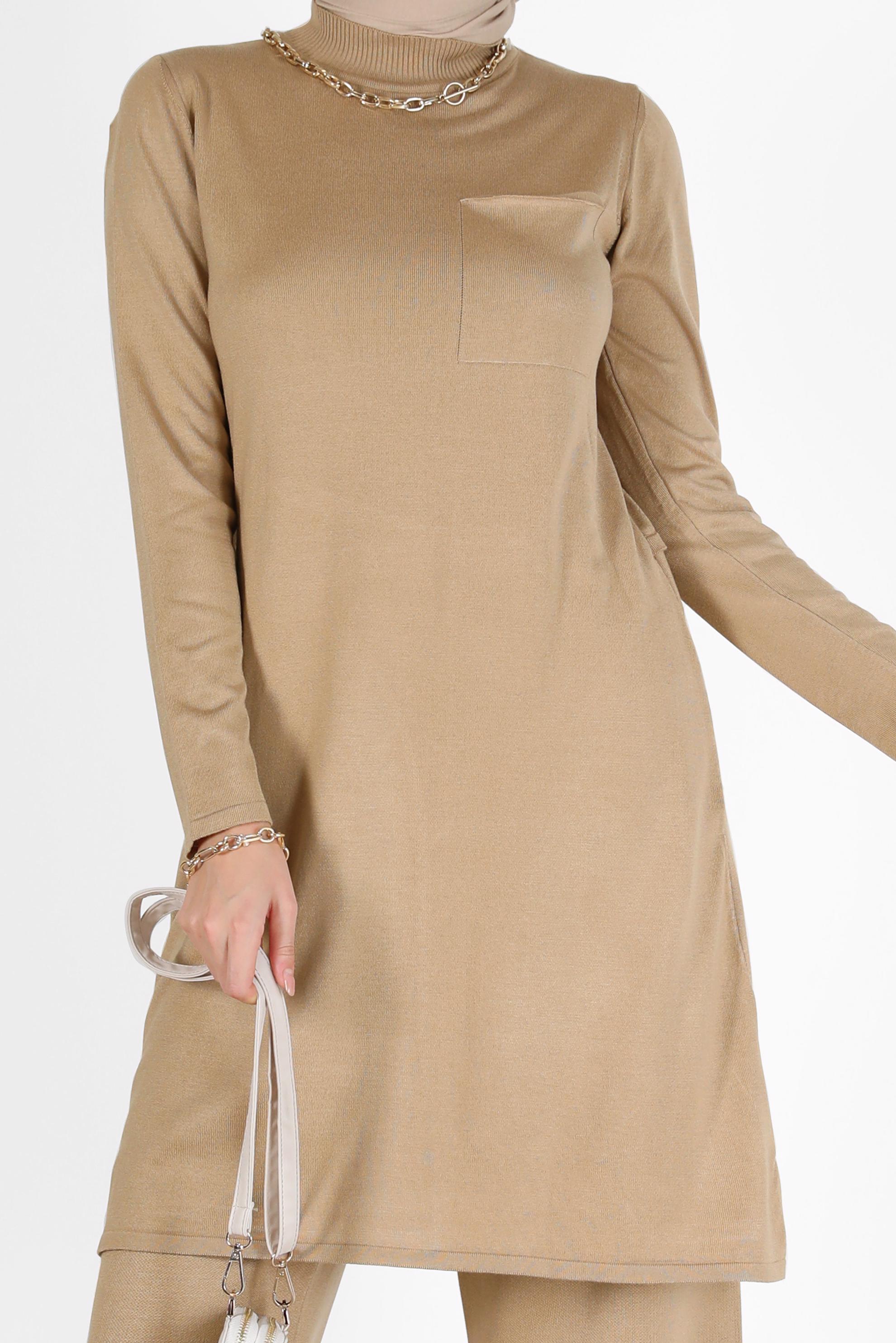 Tesettür giyim KAHVE CEP DETAYLI BASIC TRİKO TUNİK 42045 