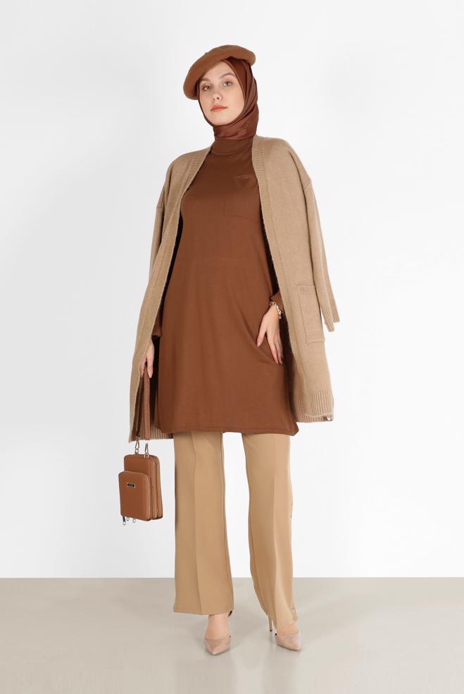 Tesettür giyim TABA CEP DETAYLI BASIC TRİKO TUNİK 42045  - ALVİNA