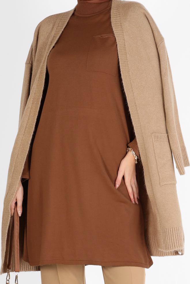 Tesettür giyim TABA CEP DETAYLI BASIC TRİKO TUNİK 42045  - ALVİNA