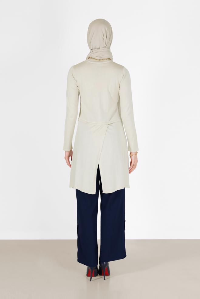 Tesettür giyim BEJ CEP DETAYLI BASIC TRİKO TUNİK 42045  - ALVİNA