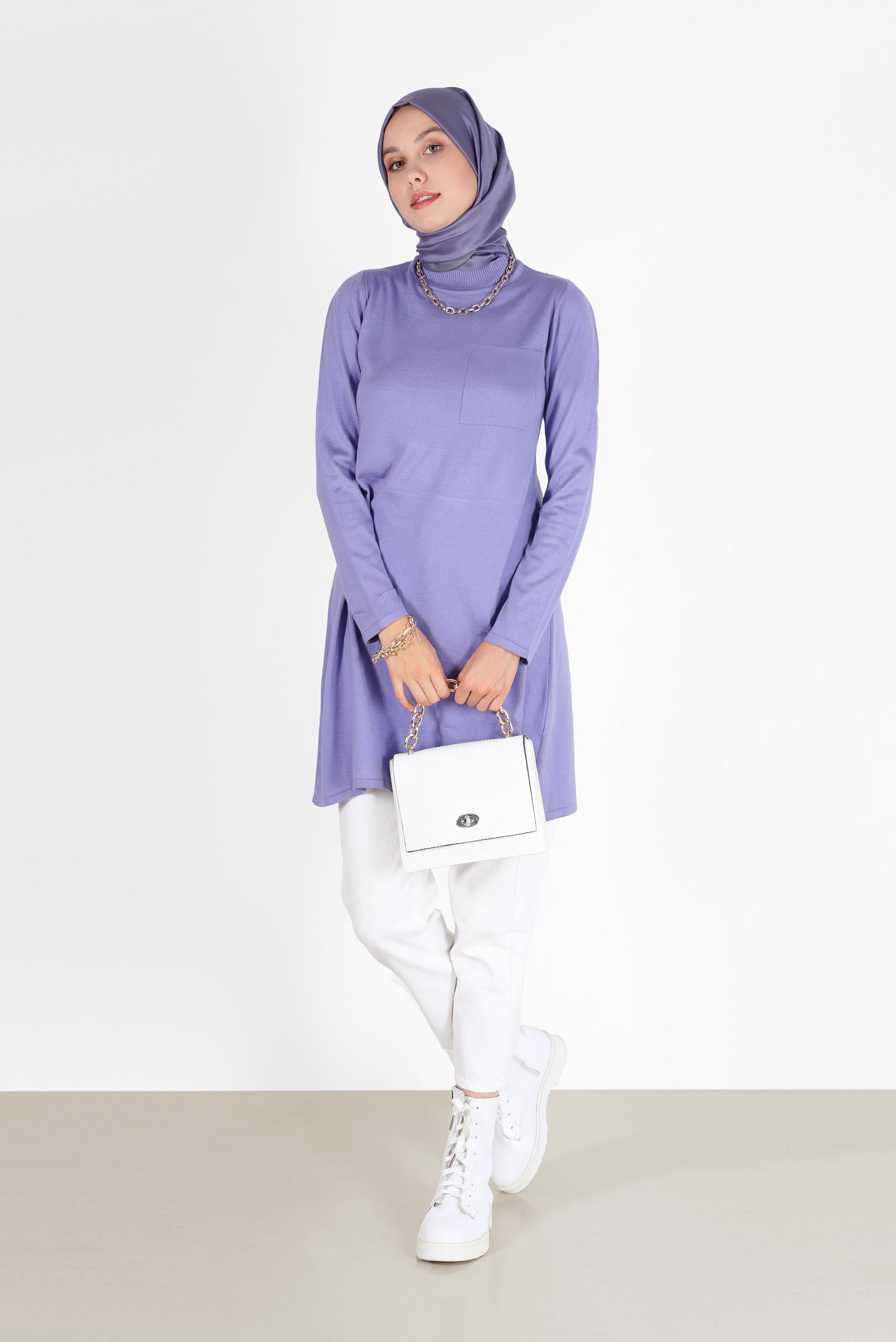 Hijab clothing PURPLE POCKET DETAIL BASIC KNITWEAR TUNIC 42045 