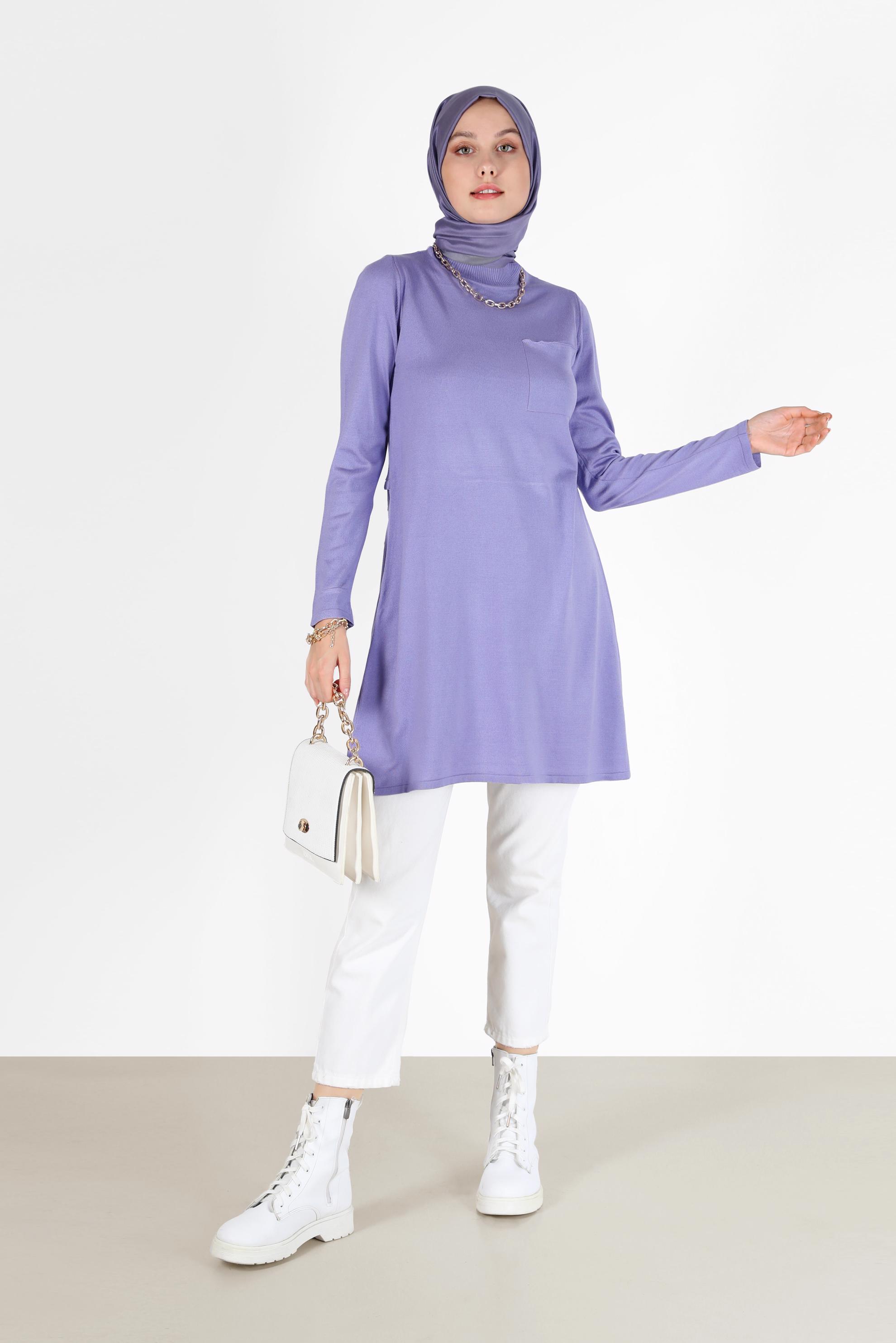 Hijab clothing PURPLE POCKET DETAIL BASIC KNITWEAR TUNIC 42045 
