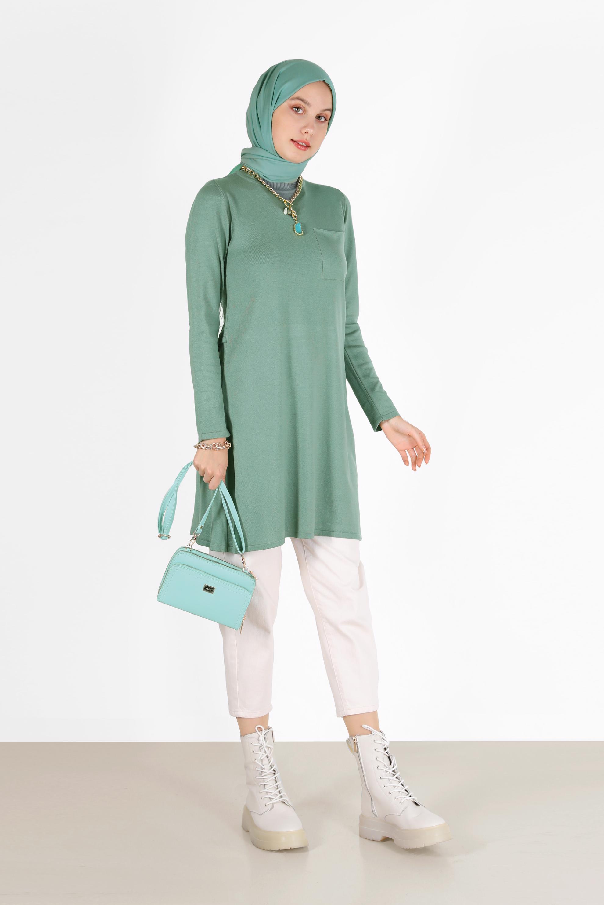 Tesettür giyim YEŞİL CEP DETAYLI BASIC TRİKO TUNİK 42045 