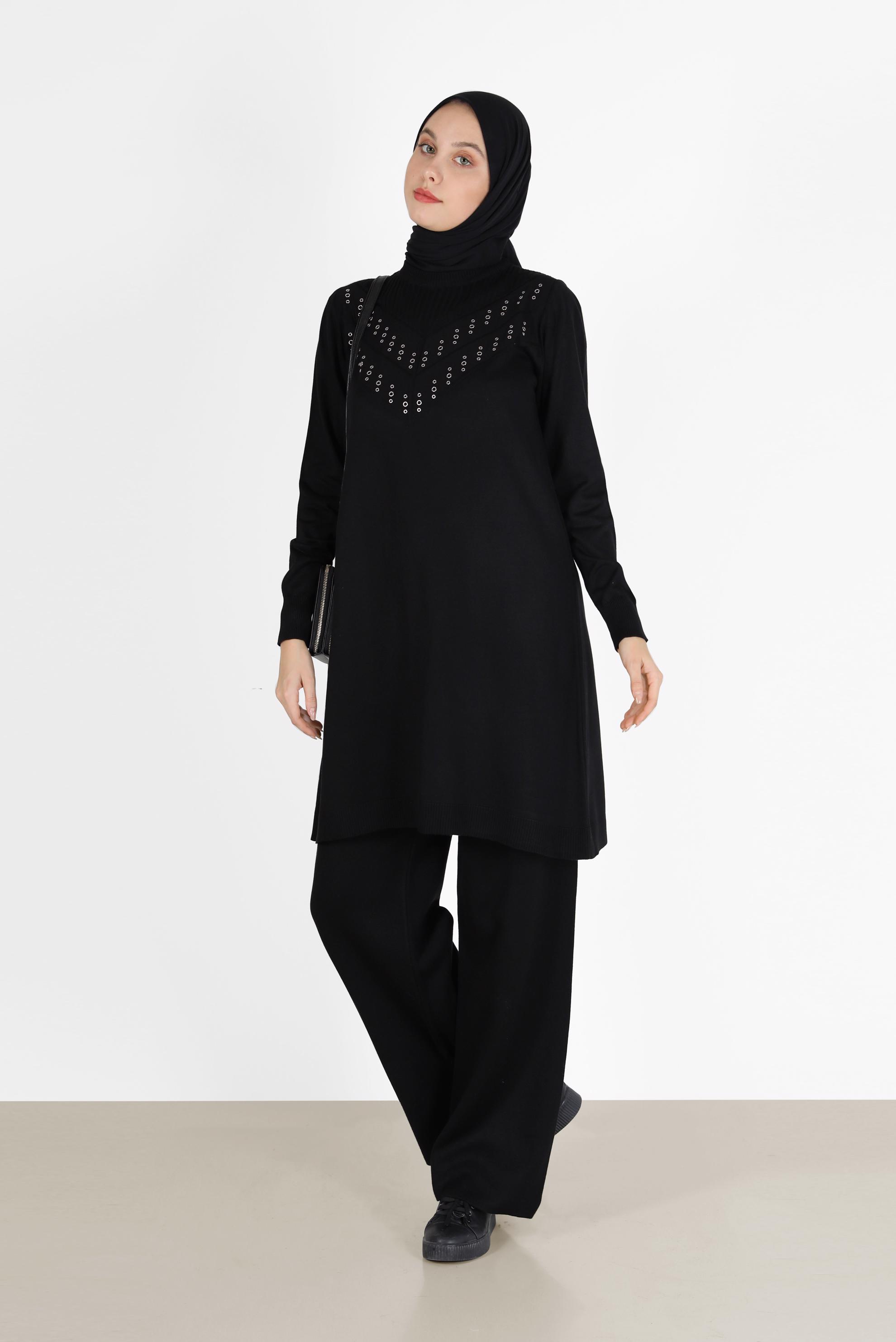 Hijab clothing BLACK METAL ACCESSORY DETAIL KNITWEAR TUNIC 42046 