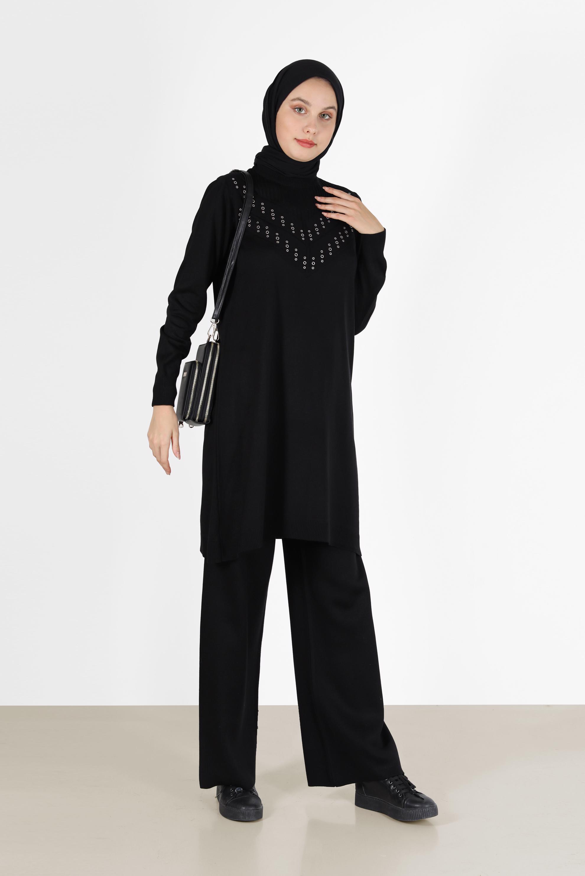 Hijab clothing BLACK METAL ACCESSORY DETAIL KNITWEAR TUNIC 42046 