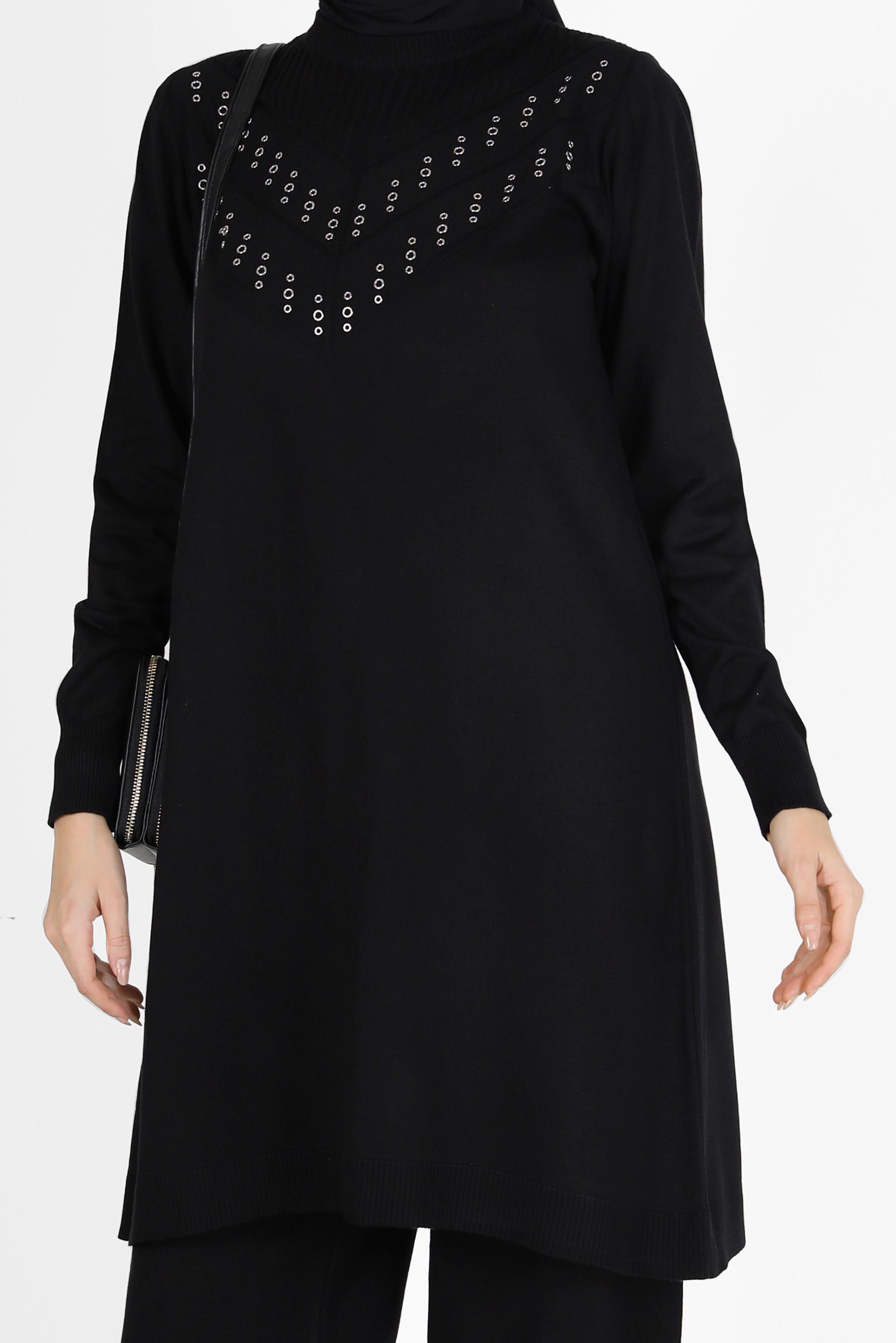 Hijab clothing BLACK METAL ACCESSORY DETAIL KNITWEAR TUNIC 42046 