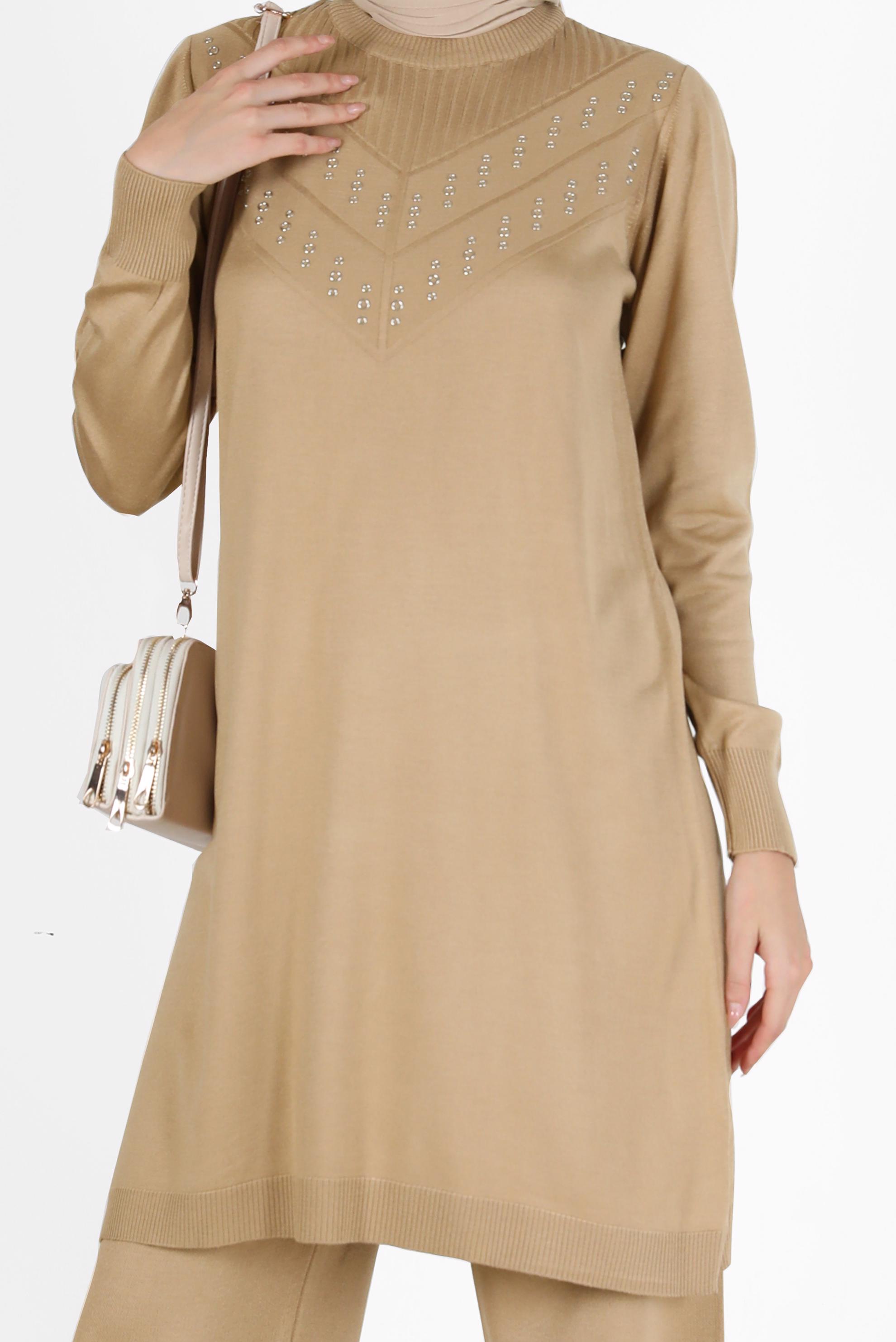 Tesettür giyim KAHVE METAL AKSESUAR DETAYLI TRİKO TUNİK 42046 