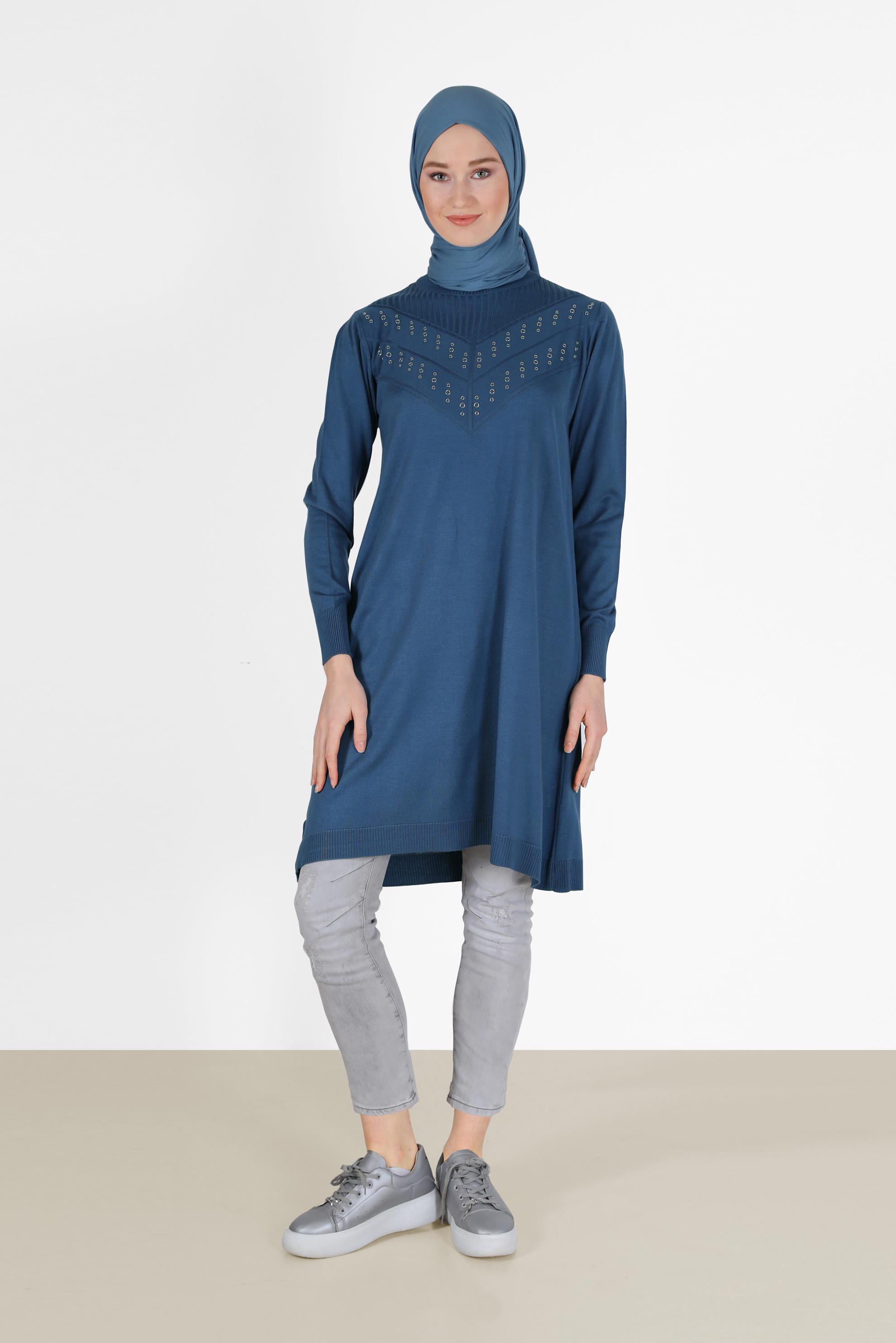 Tesettür giyim LACİVERT METAL AKSESUAR DETAYLI TRİKO TUNİK 42046 