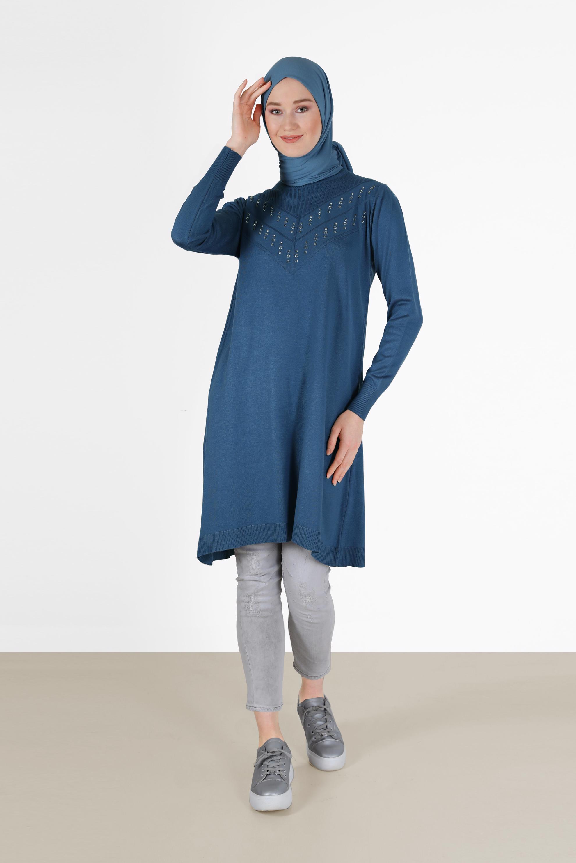 Tesettür giyim LACİVERT METAL AKSESUAR DETAYLI TRİKO TUNİK 42046 