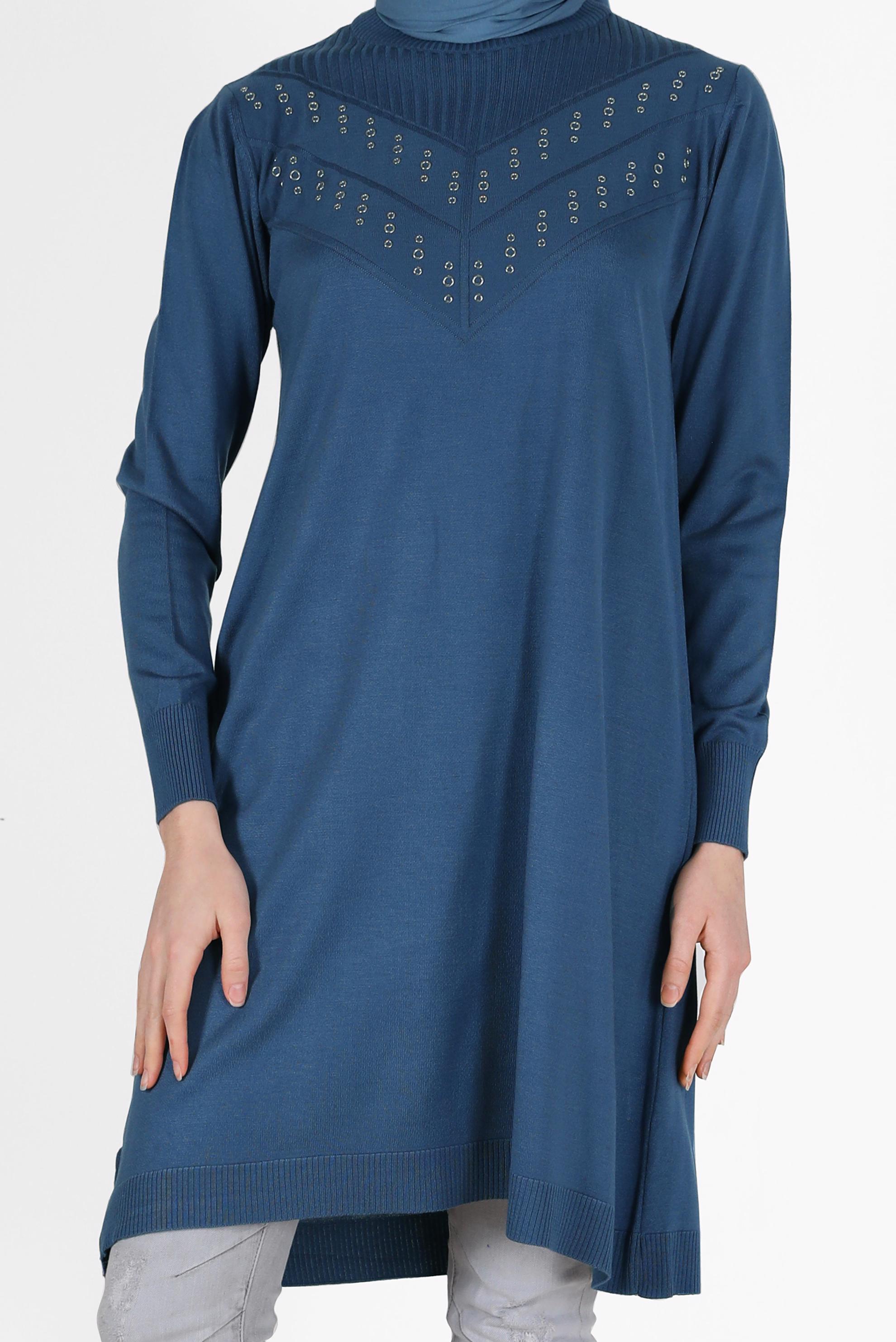 Tesettür giyim LACİVERT METAL AKSESUAR DETAYLI TRİKO TUNİK 42046 