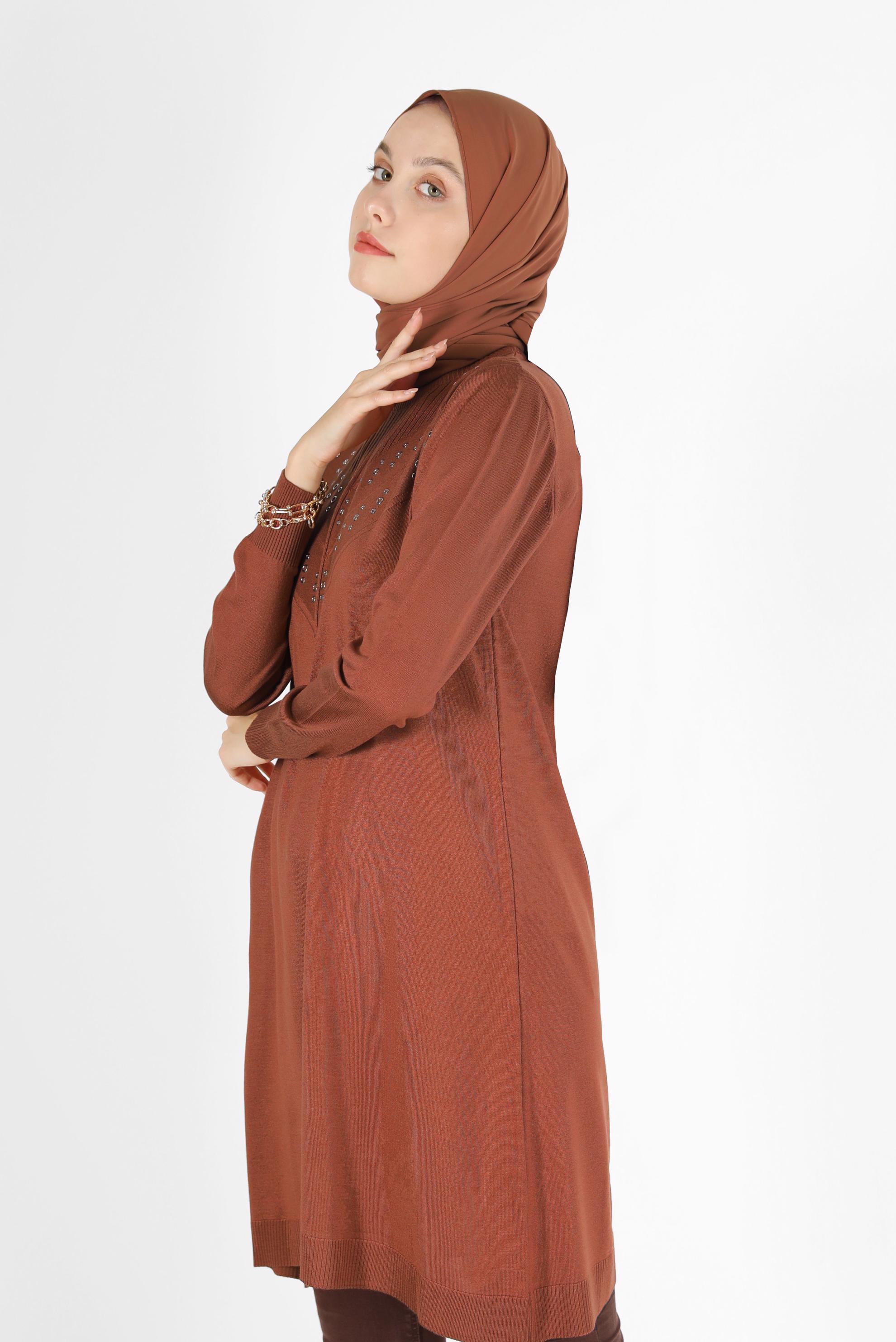 Tesettür giyim TURUNCU METAL AKSESUAR DETAYLI TRİKO TUNİK 42046 