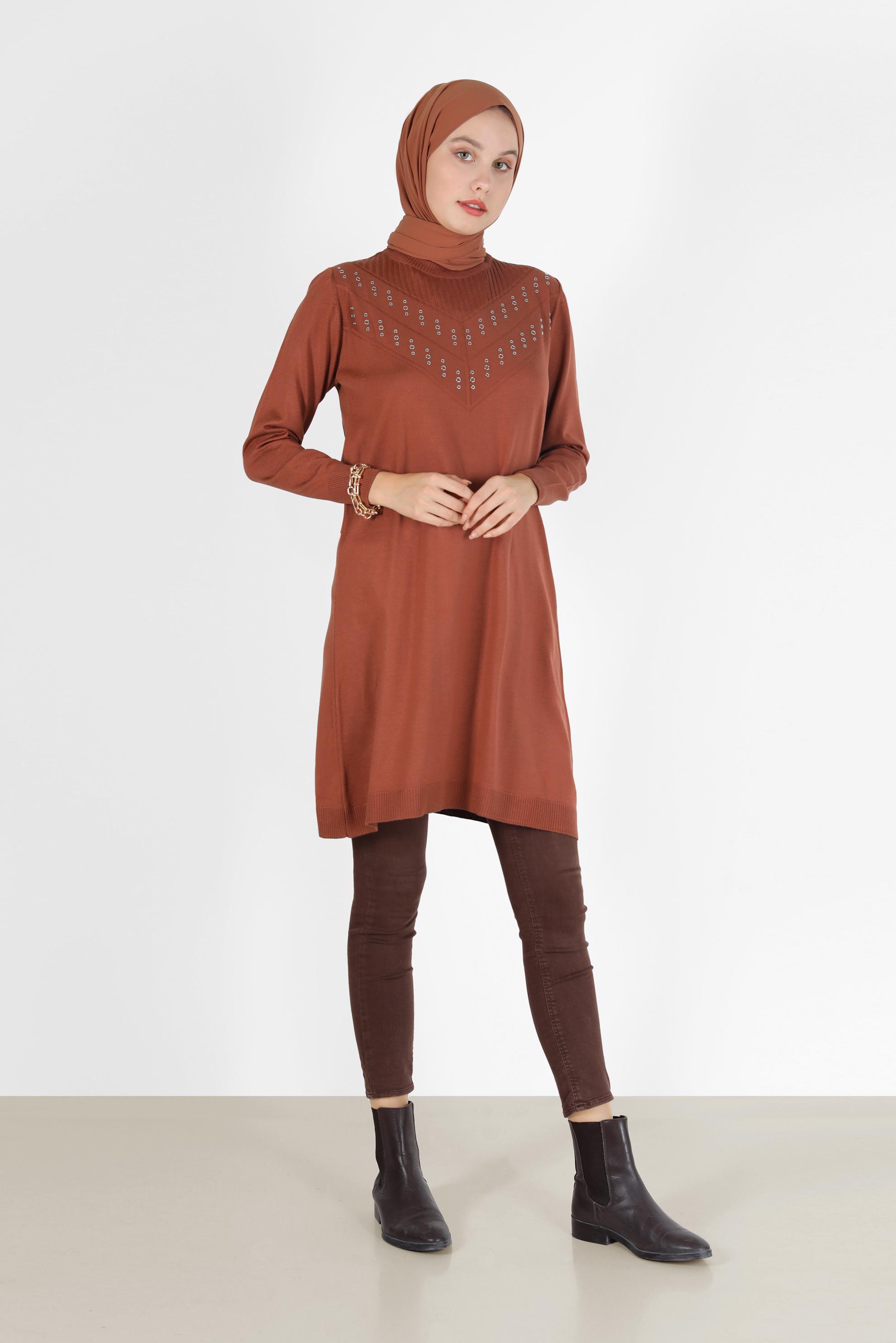 Tesettür giyim TURUNCU METAL AKSESUAR DETAYLI TRİKO TUNİK 42046 