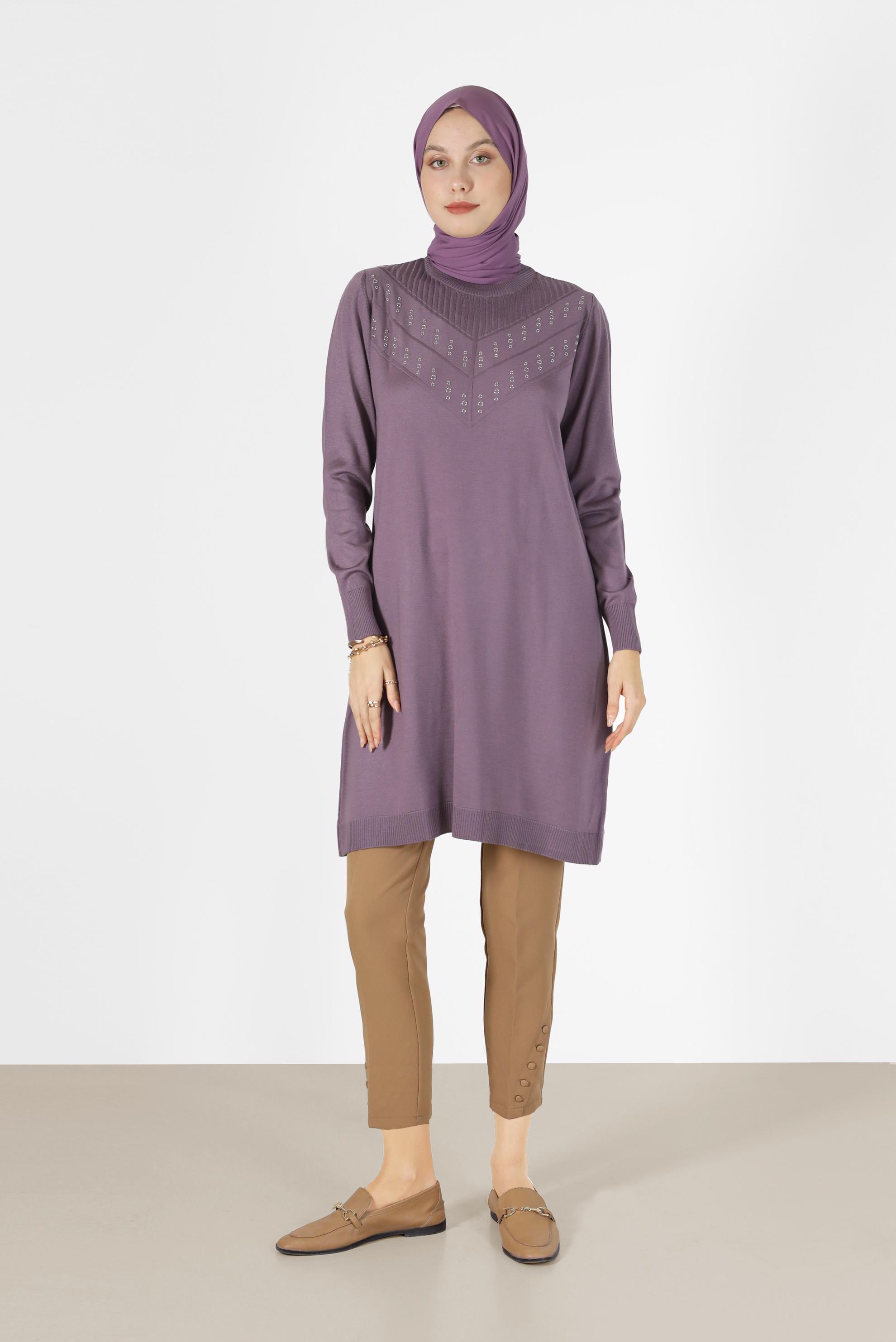 Tesettür giyim MOR METAL AKSESUAR DETAYLI TRİKO TUNİK 42046 